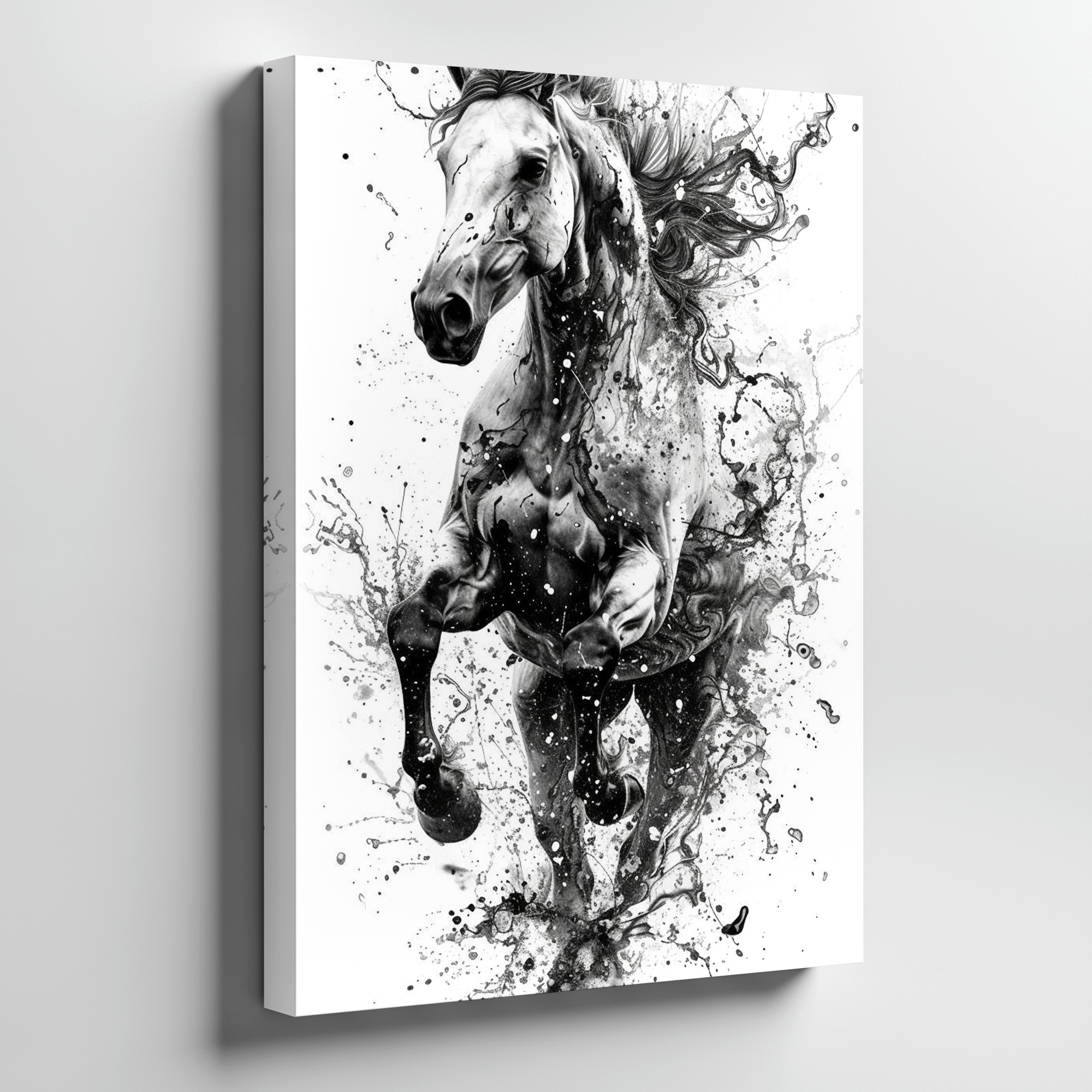 Running Horse Black White Ink Splash Canvas Wall Art Modern Animal Decor Print