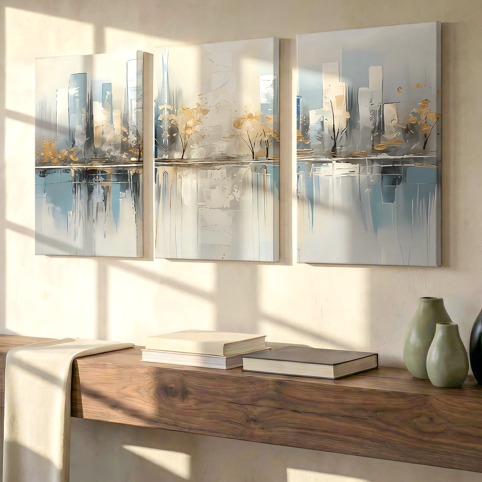 3 Pieces Modern Abstract Cityscape Gold Blue Tones Large Wall Art Canvas Decor