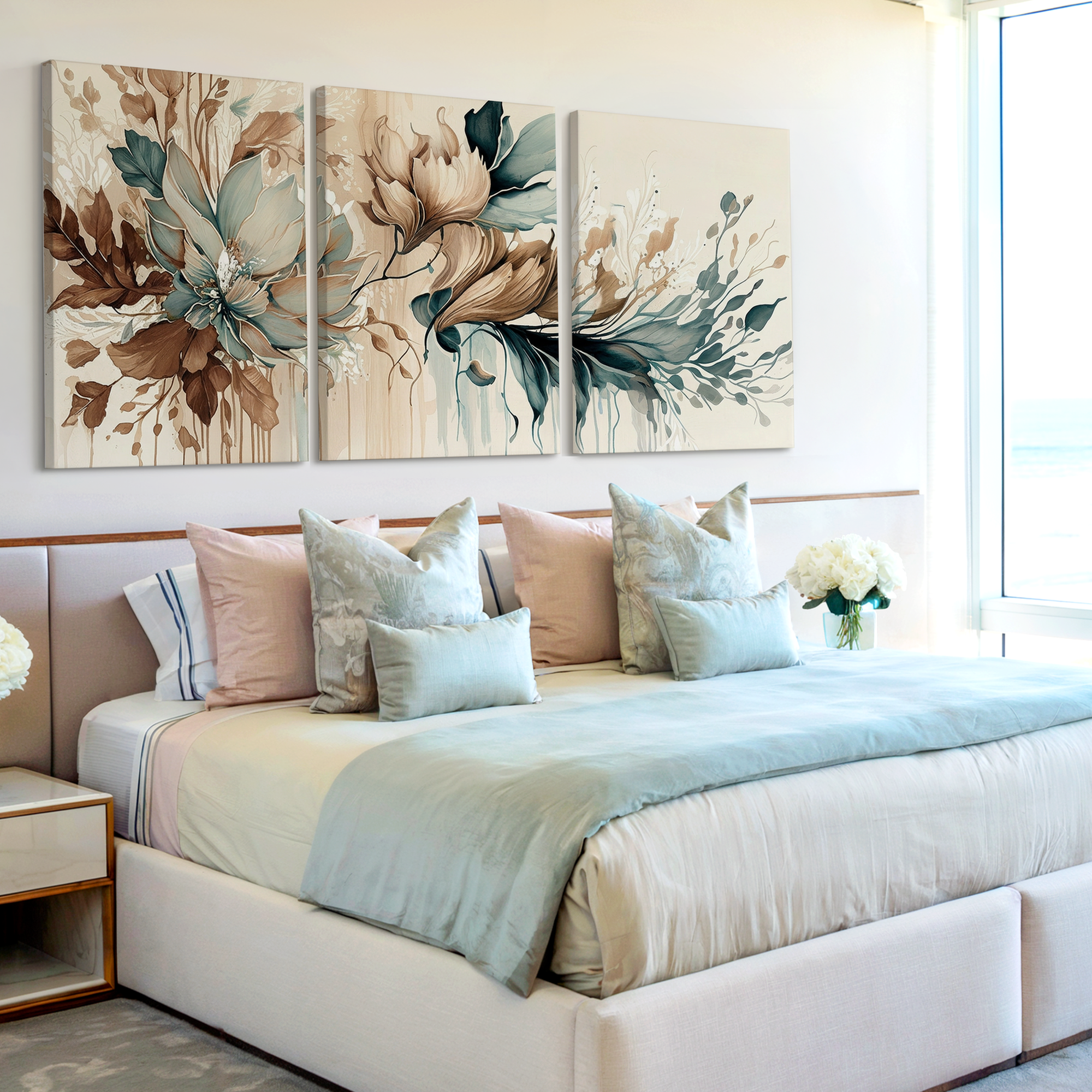 3 Pieces Floral Abstract Earth Tones Teal Large Wall Art for Living Set Of 3
