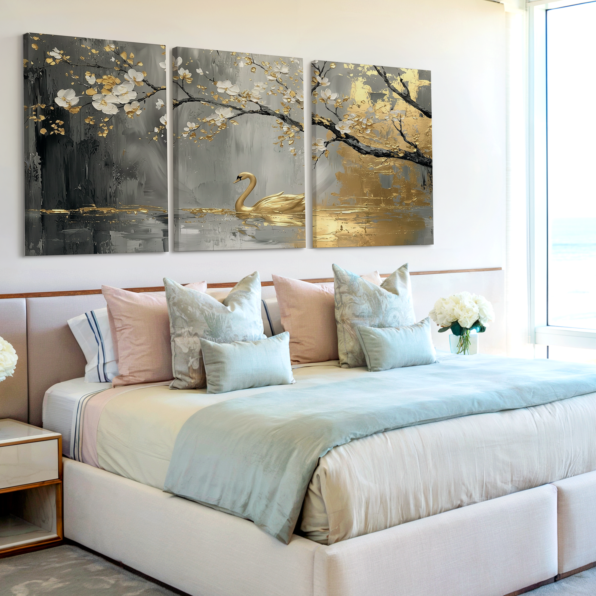 3 Pieces Elegant Swan Blossoms Large Wall Art Set for Living Room Set Of 3