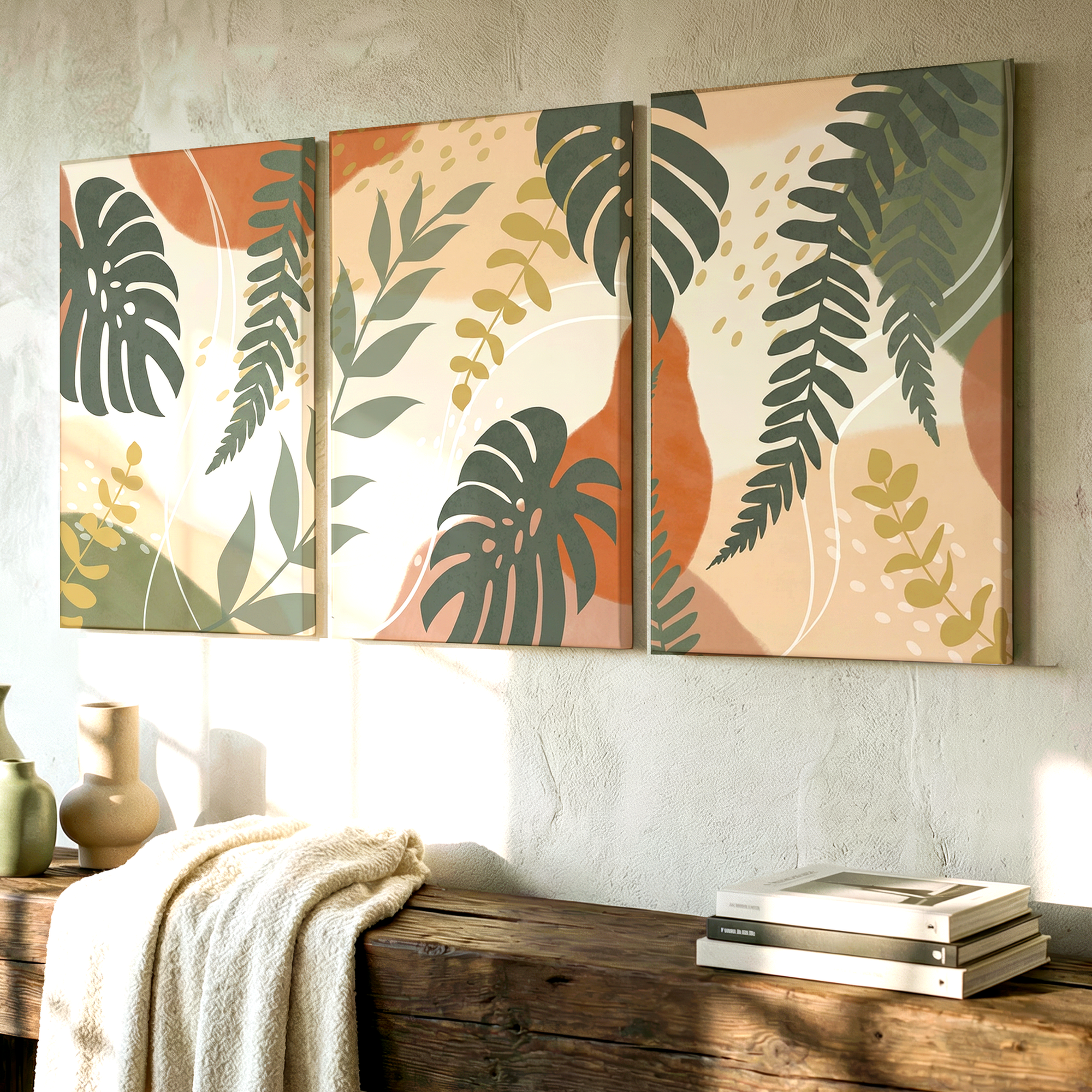 3 Pieces Abstract Botanical Earth Tones Leaf Patterns Large Wall Art Set Of 3