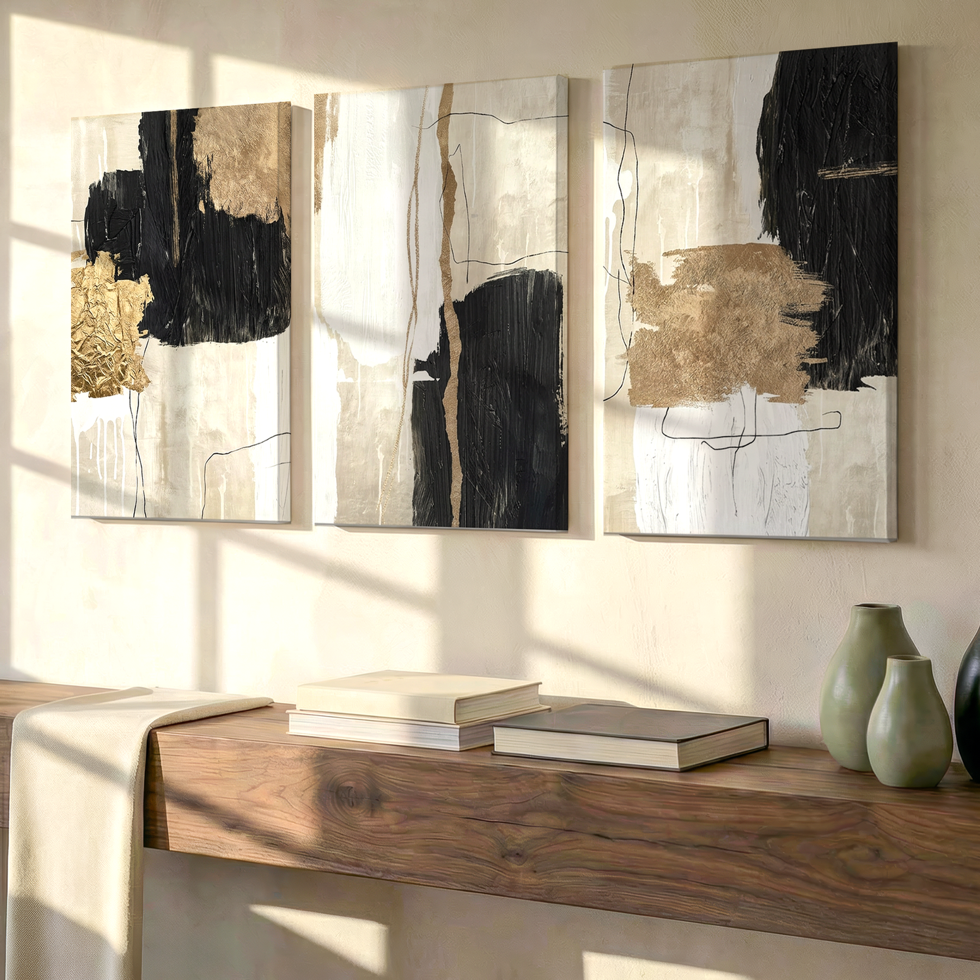 3 Pieces Abstract Textured Black Gold Modern Red Large Wall Art for Set Of 3