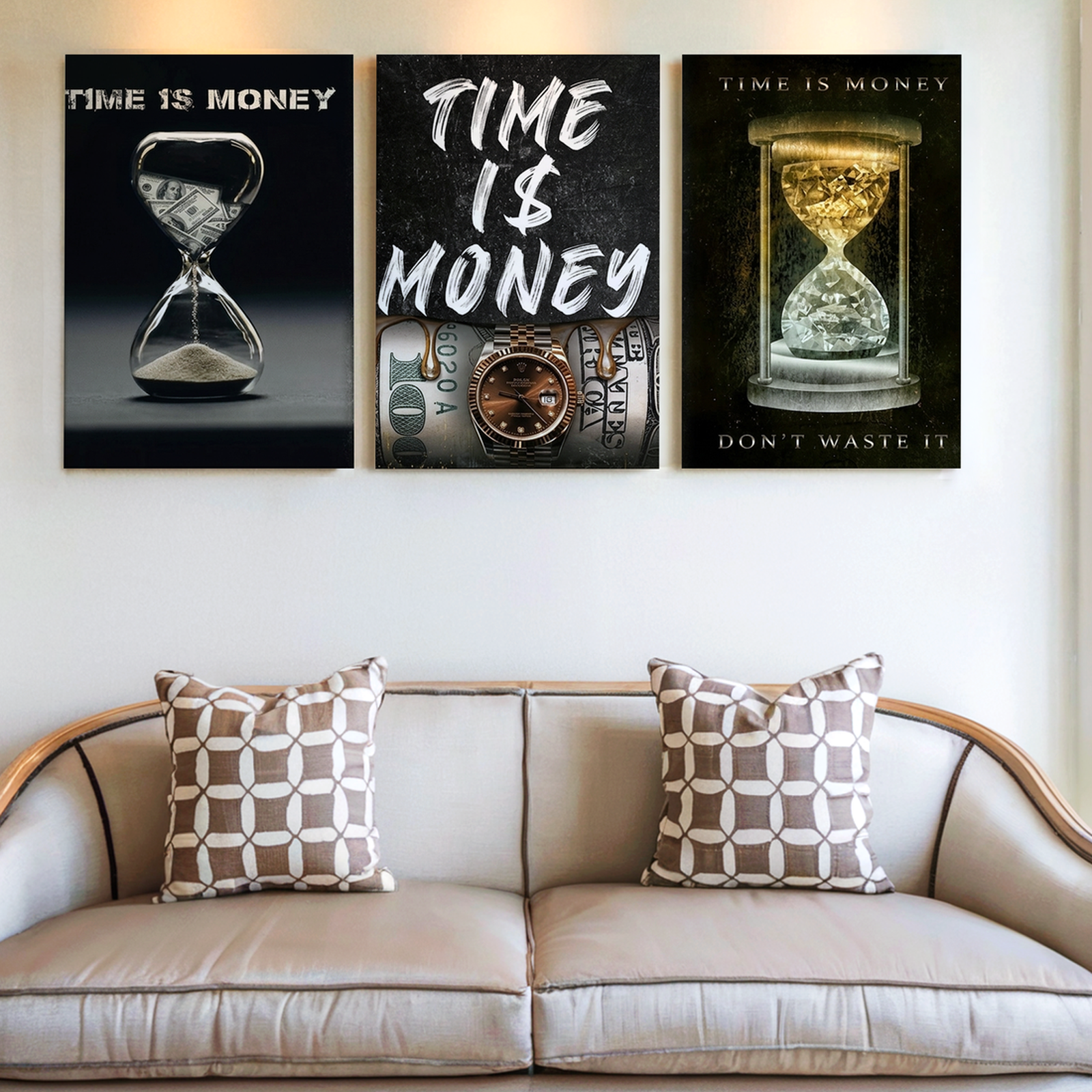 3 Pieces Time Money Large Wall Art Canvas Print Set for Living Room Set Of 3