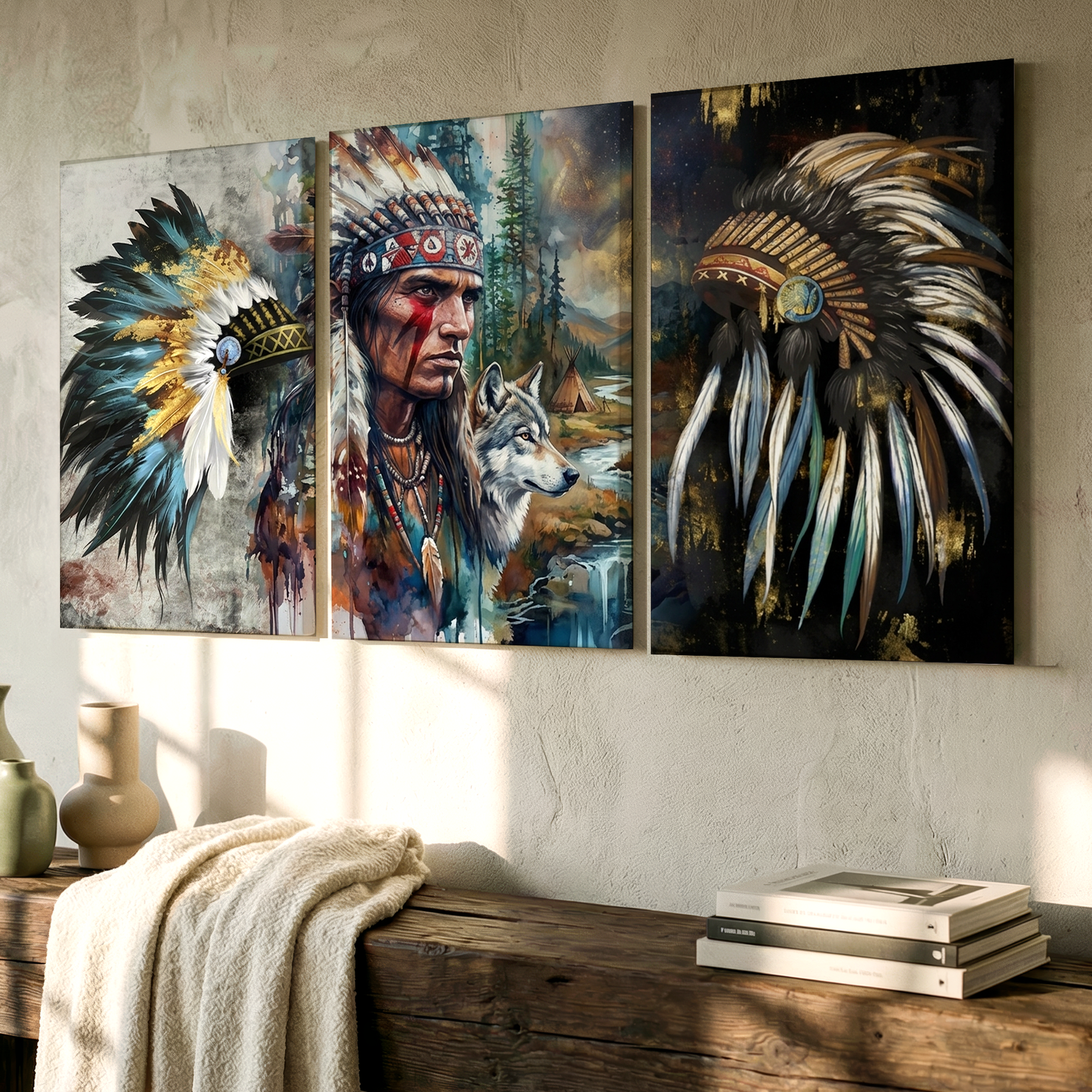 3 Pieces Native American Headdress Large Wall Art Set for Bedroom Set Of 3