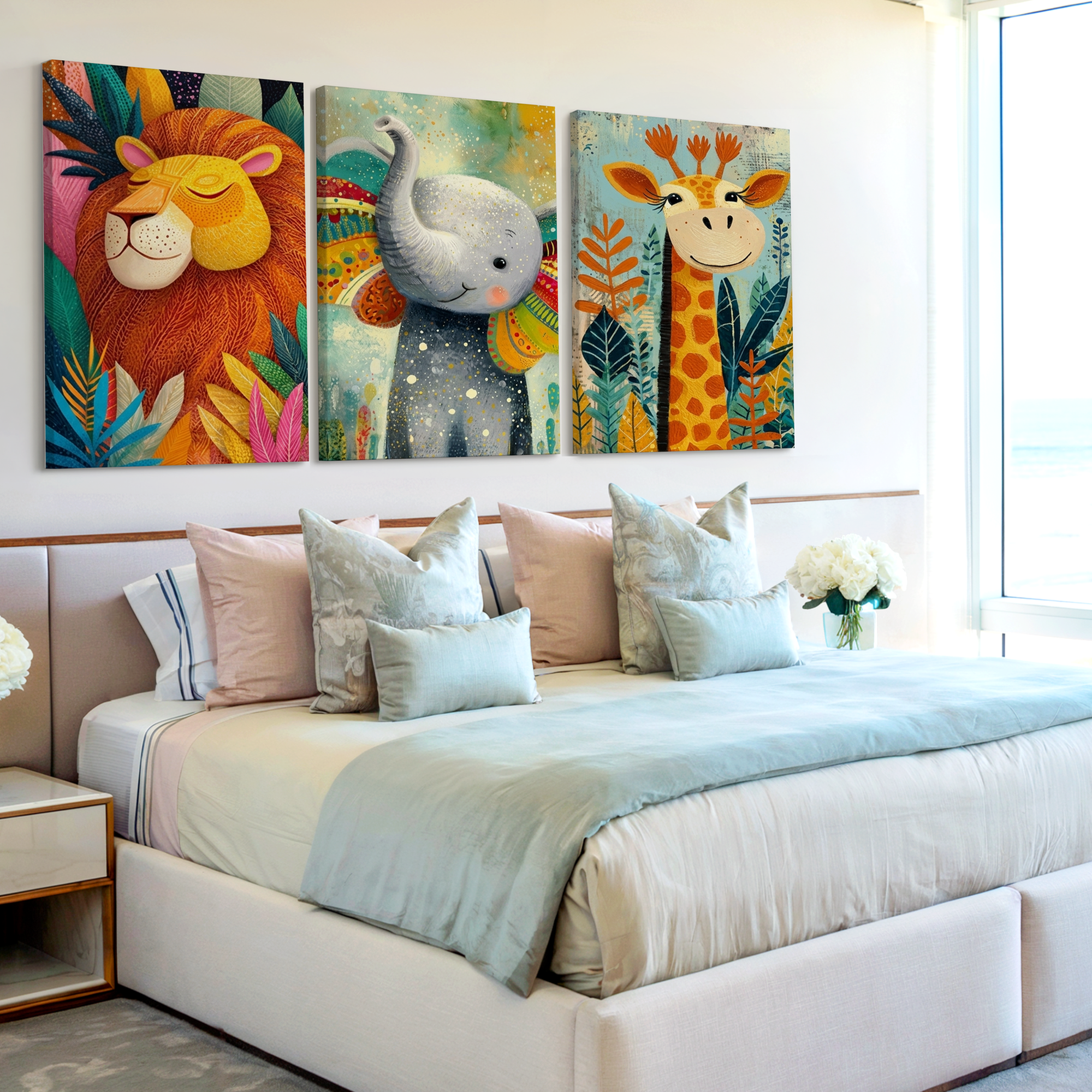 3 Pieces Vibrant Safari Animal Large Wall Art Set for Living Room Set Of 3