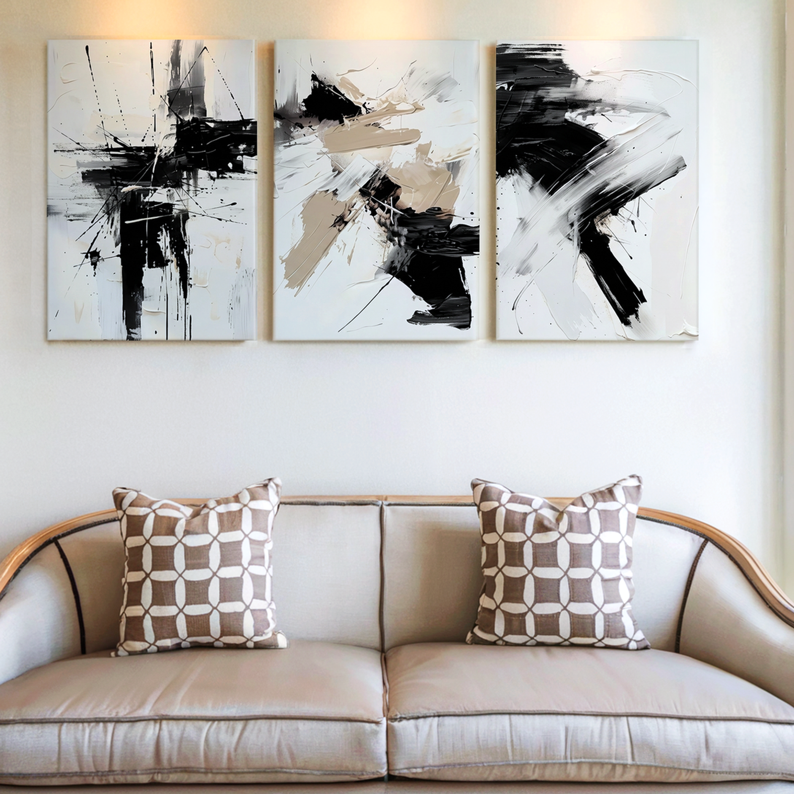 3 Pieces Abstract Black and Beige Brushstroke Large Wall Art Canvas Decor Set