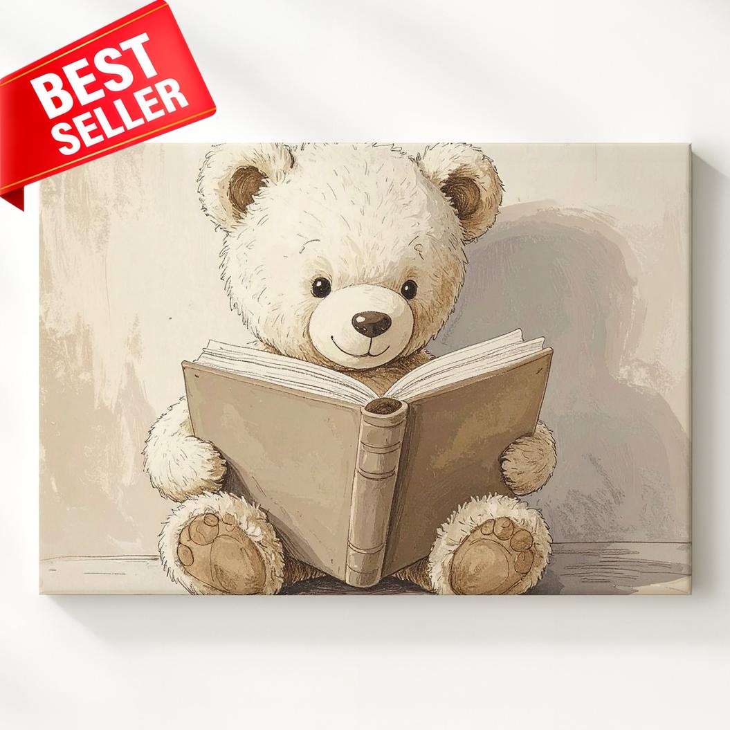Bear Cozy Teddy Reading Book Canvas Sweet Sitting Upright While Open Wall Art