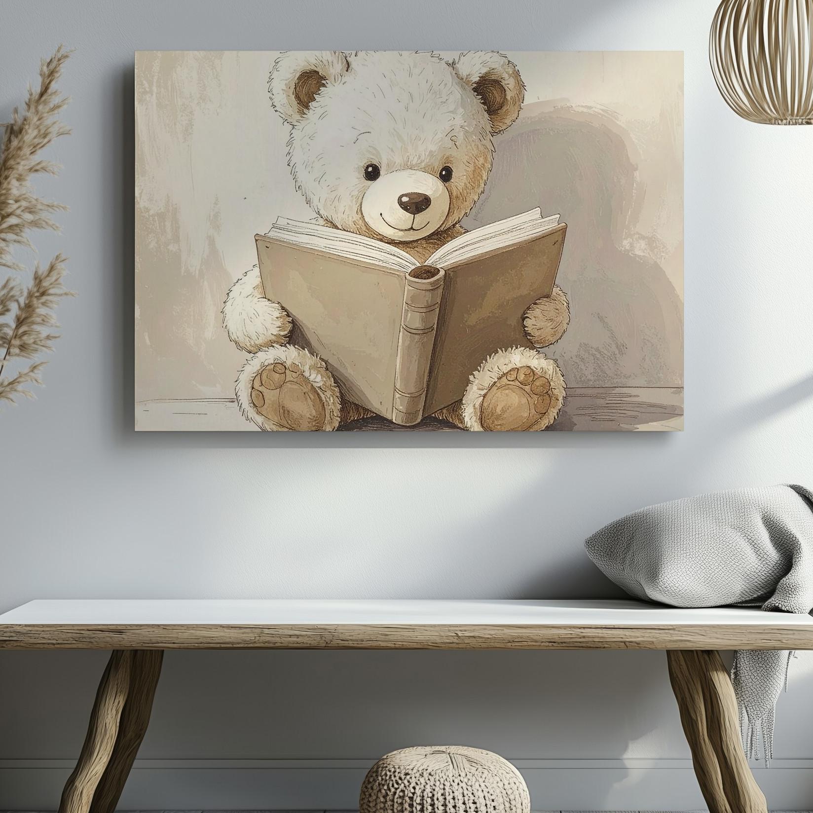 Bear Cozy Teddy Reading Book Canvas Sweet Sitting Upright While Open Wall Art - Bild 2 von 8