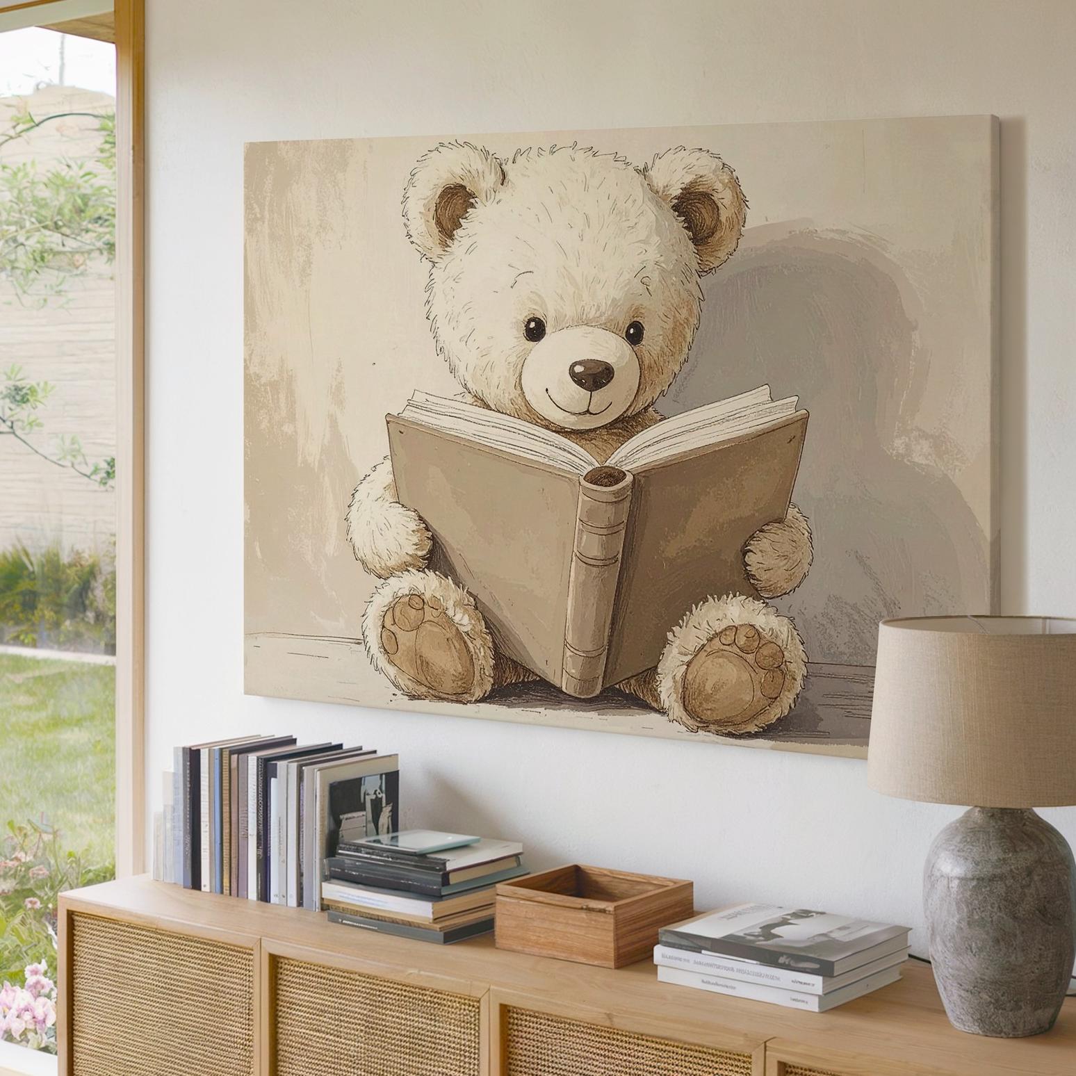 Bear Cozy Teddy Reading Book Canvas Sweet Sitting Upright While Open Wall Art - Bild 3 von 8