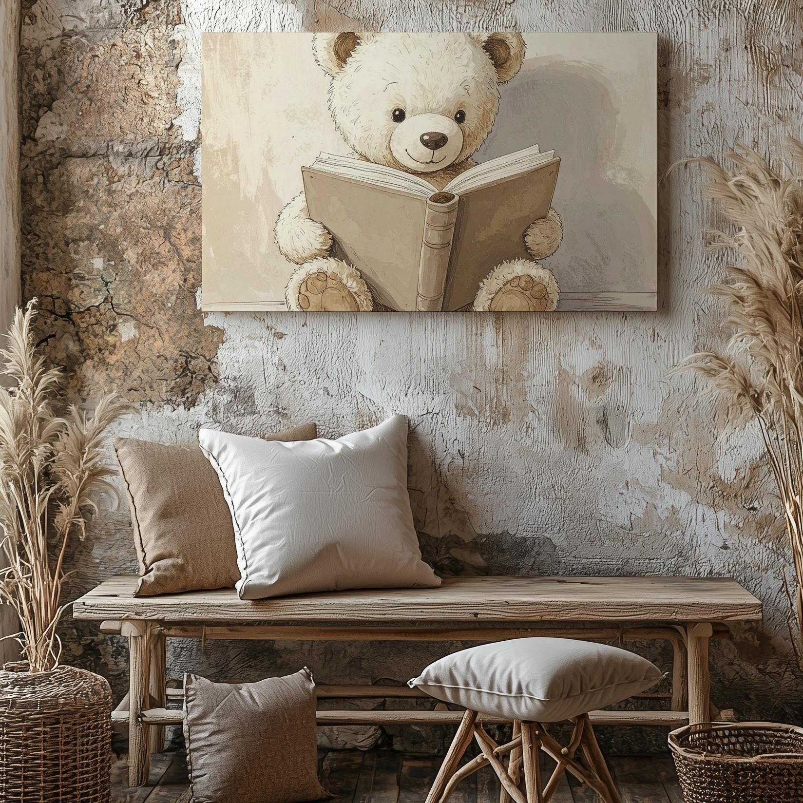 Bear Cozy Teddy Reading Book Canvas Sweet Sitting Upright While Open Wall Art - Bild 4 von 8