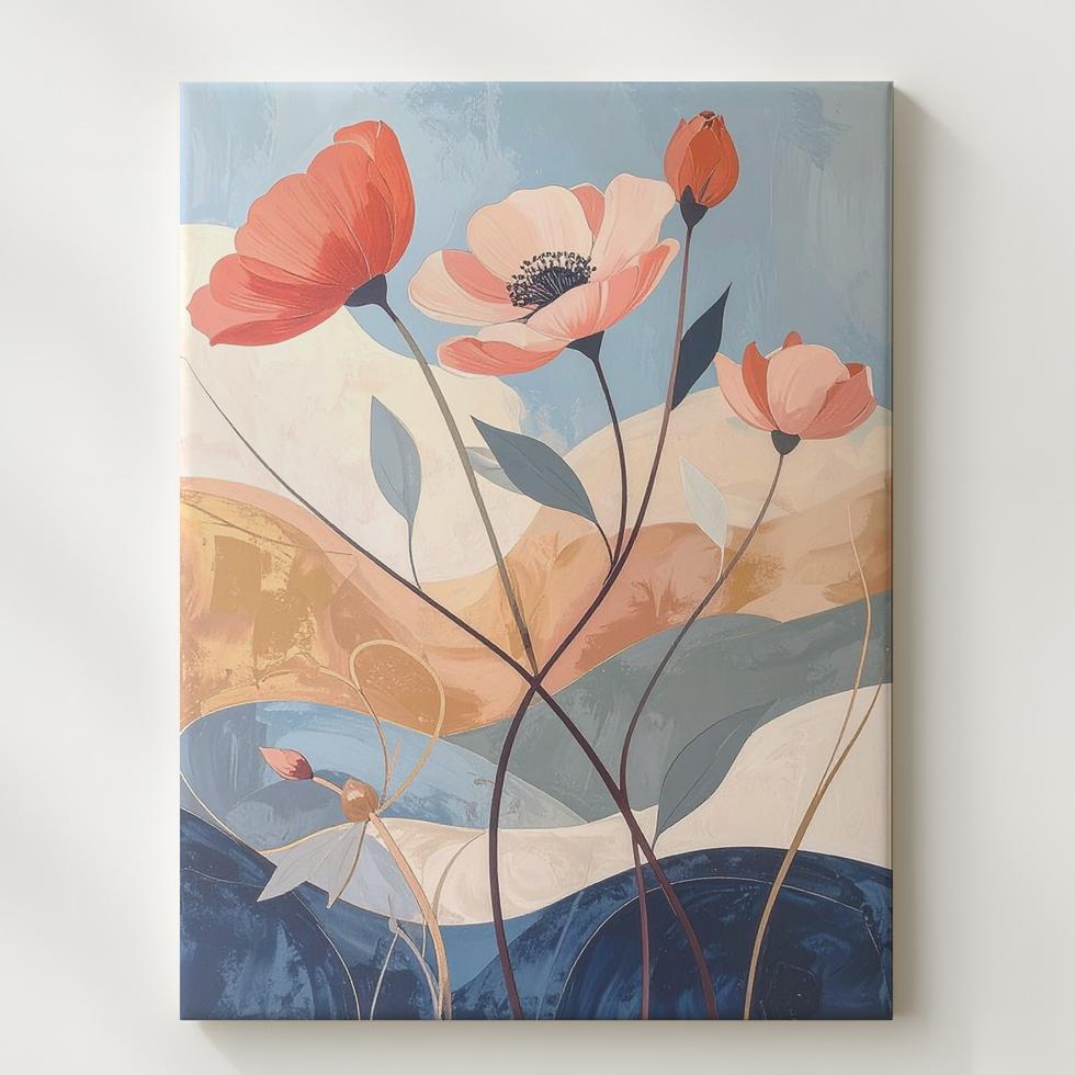 Stylized Floral Canvascoral & Red Poppies With Soft Blue Background Wall Art - Bild 1 von 8