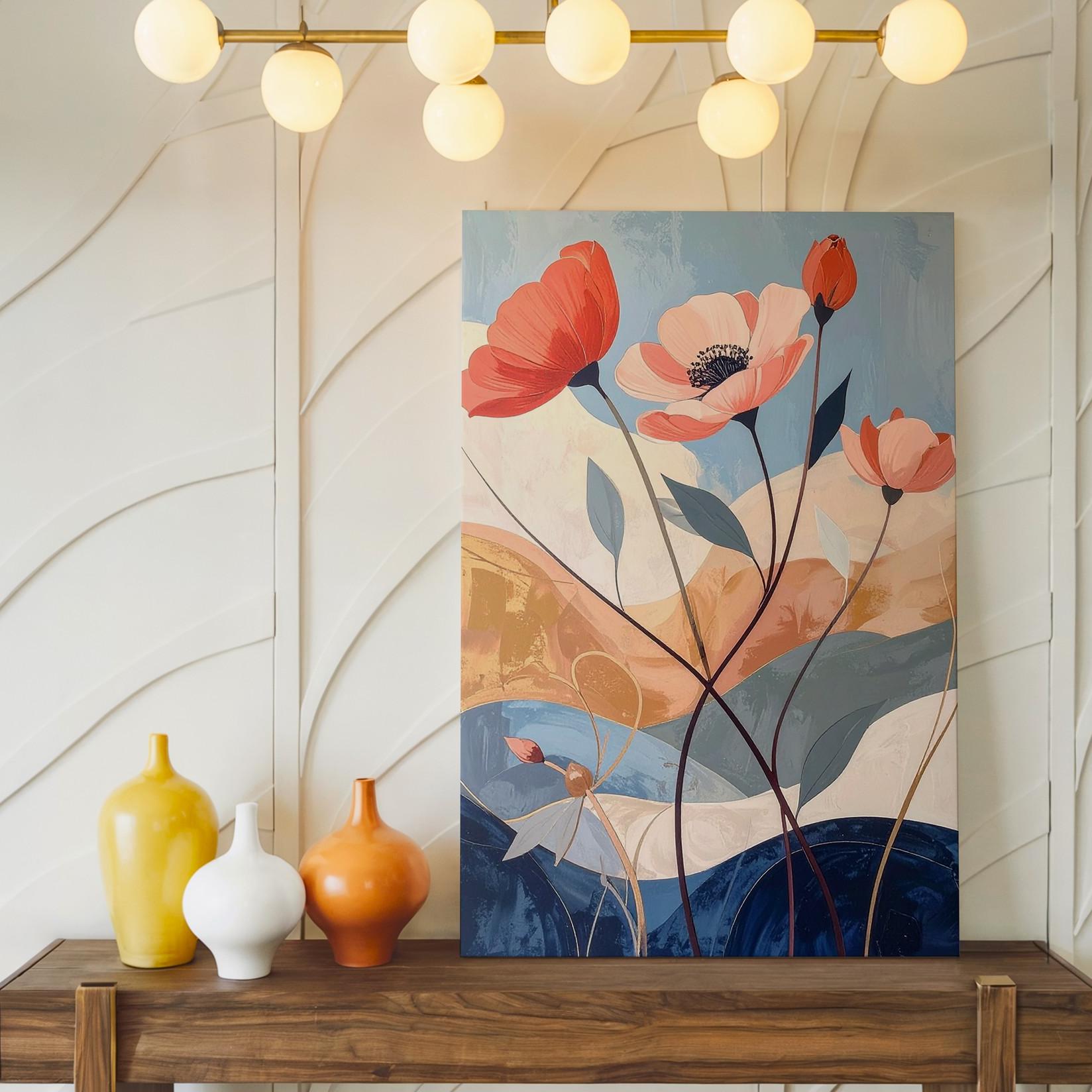 Stylized Floral Canvascoral & Red Poppies With Soft Blue Background Wall Art - Bild 2 von 8