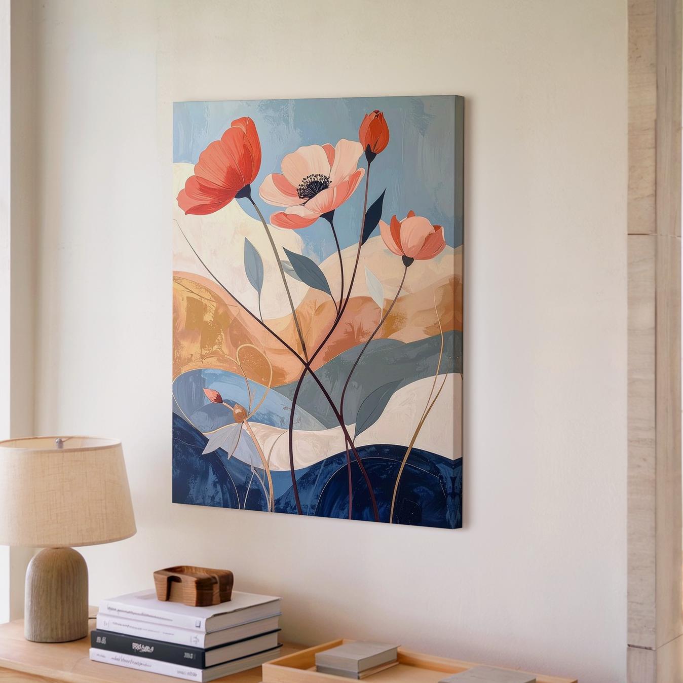 Stylized Floral Canvascoral & Red Poppies With Soft Blue Background Wall Art - Bild 3 von 8