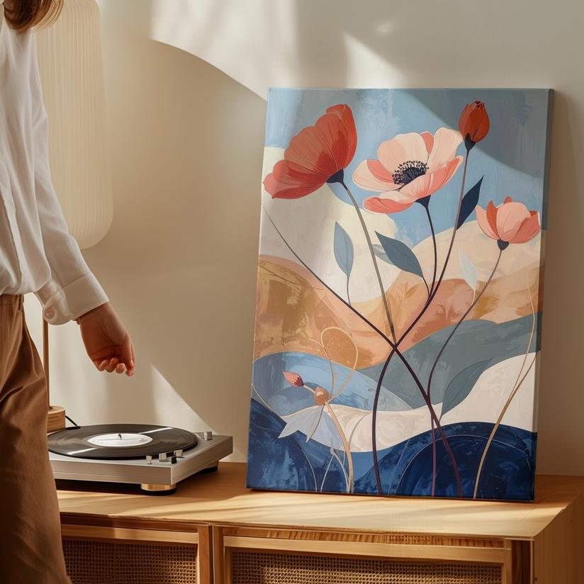 Stylized Floral Canvascoral & Red Poppies With Soft Blue Background Wall Art - Bild 4 von 8