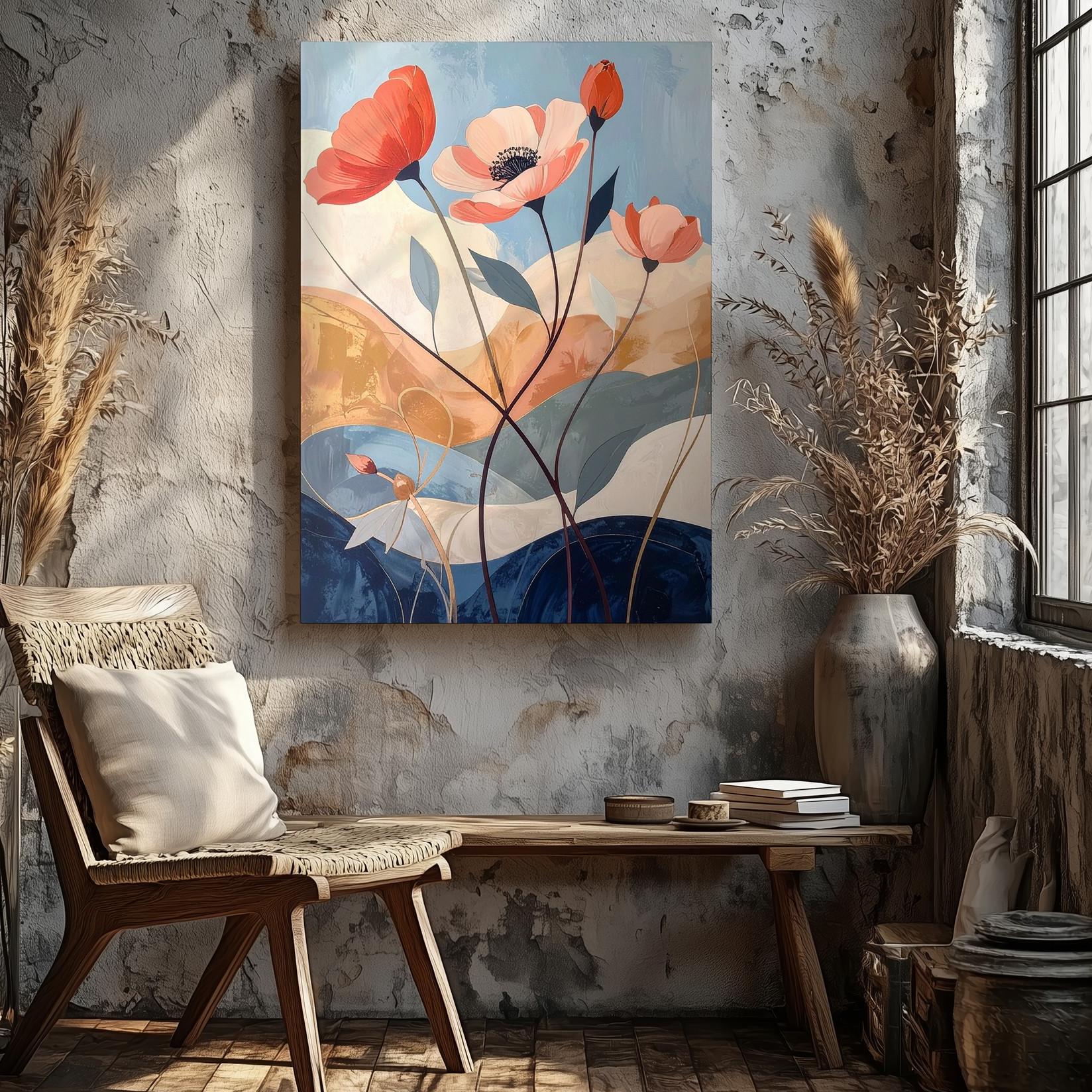 Stylized Floral Canvascoral & Red Poppies With Soft Blue Background Wall Art - Bild 5 von 8