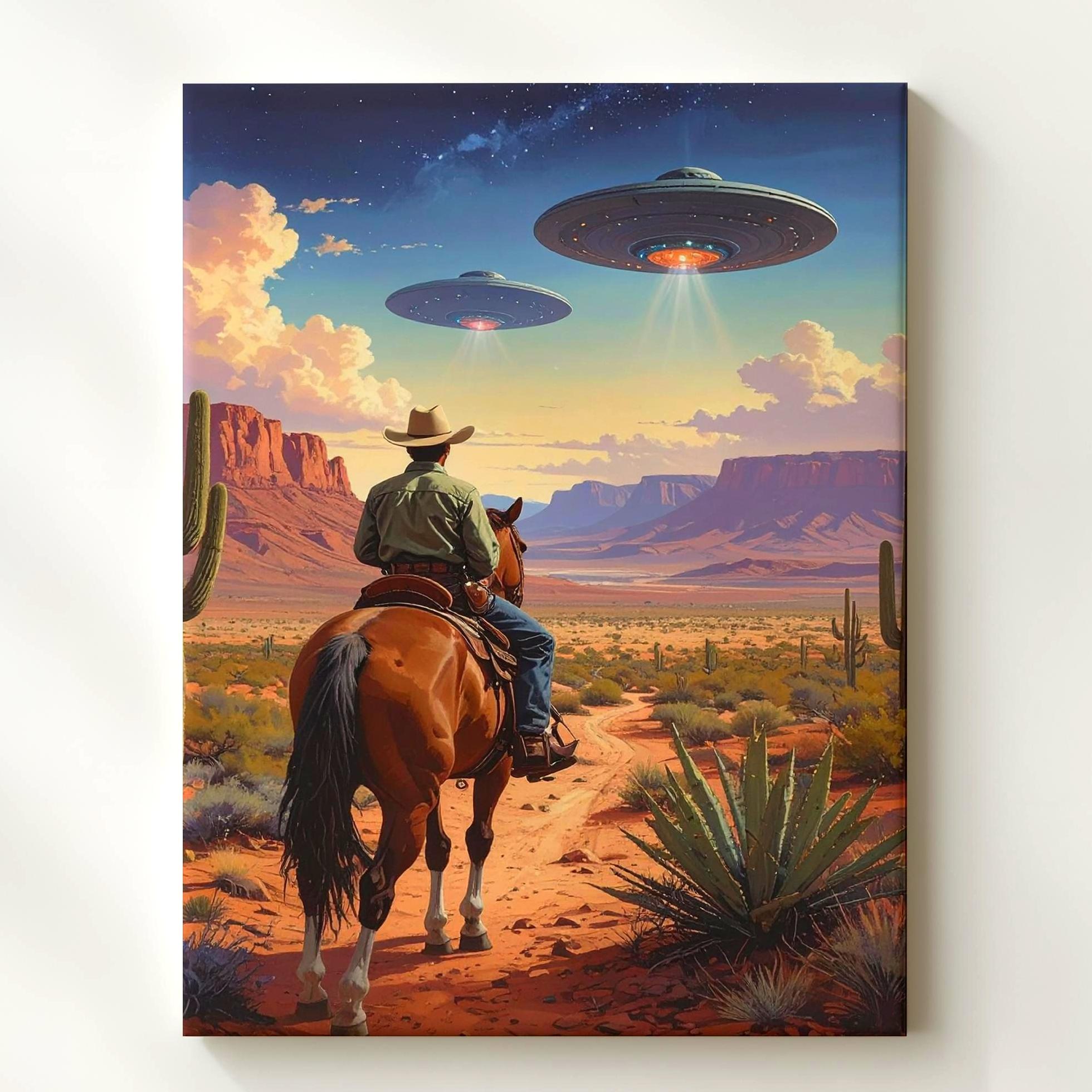 Cowboy And Ufo Encounter Canvaswestern Desert With Futuristic Ufos Wall Art - Bild 1 von 8