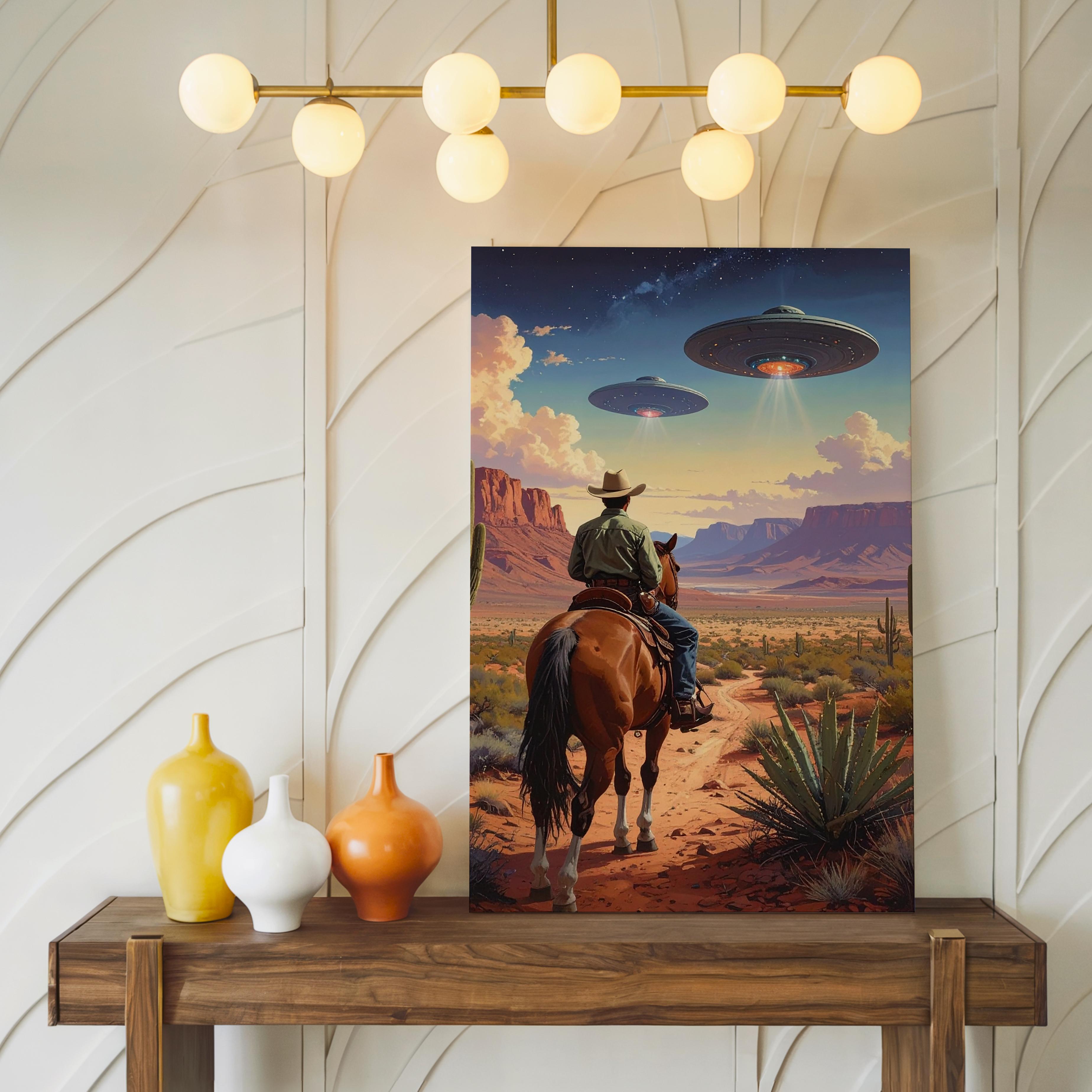 Cowboy And Ufo Encounter Canvaswestern Desert With Futuristic Ufos Wall Art - Bild 2 von 8