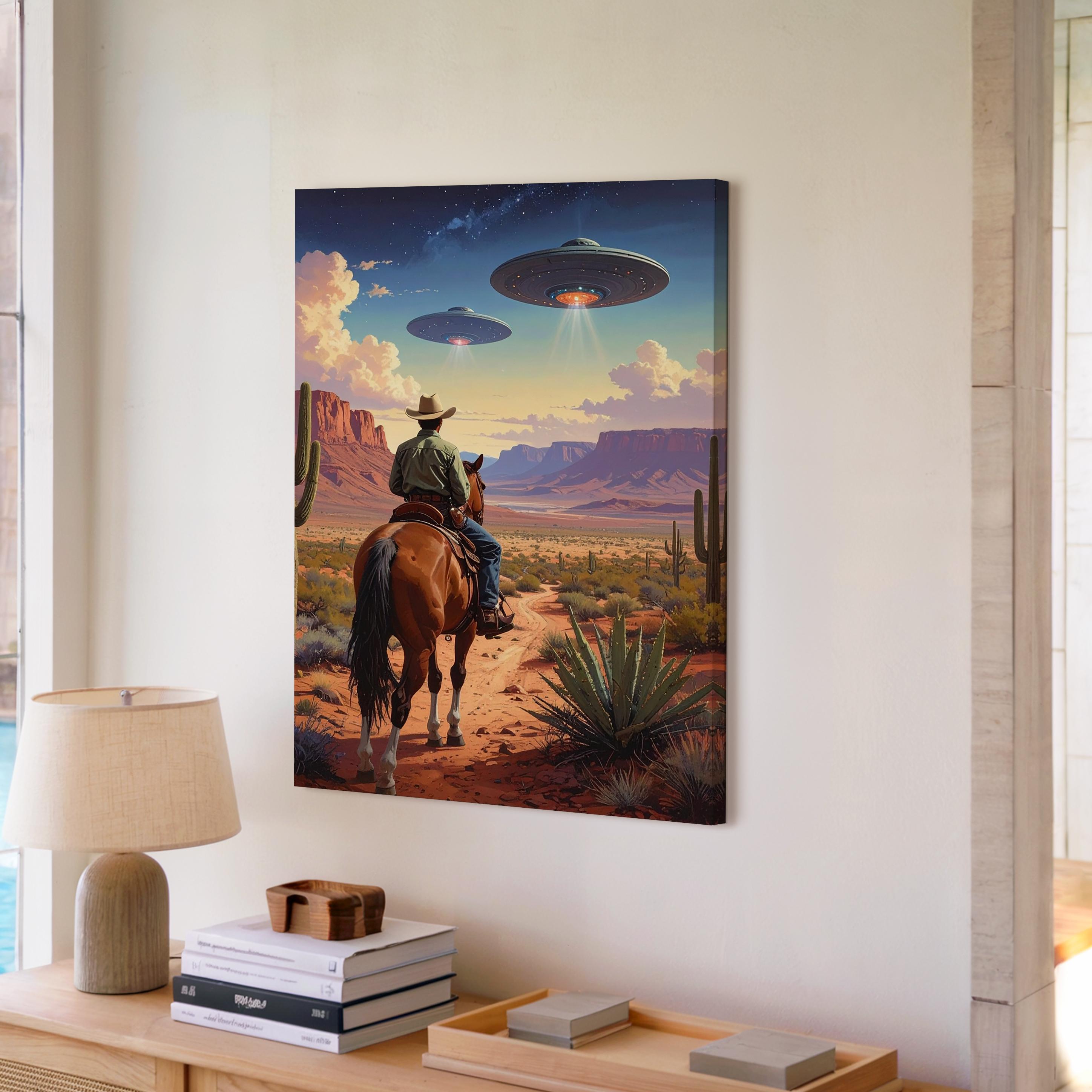 Cowboy And Ufo Encounter Canvaswestern Desert With Futuristic Ufos Wall Art - Bild 3 von 8