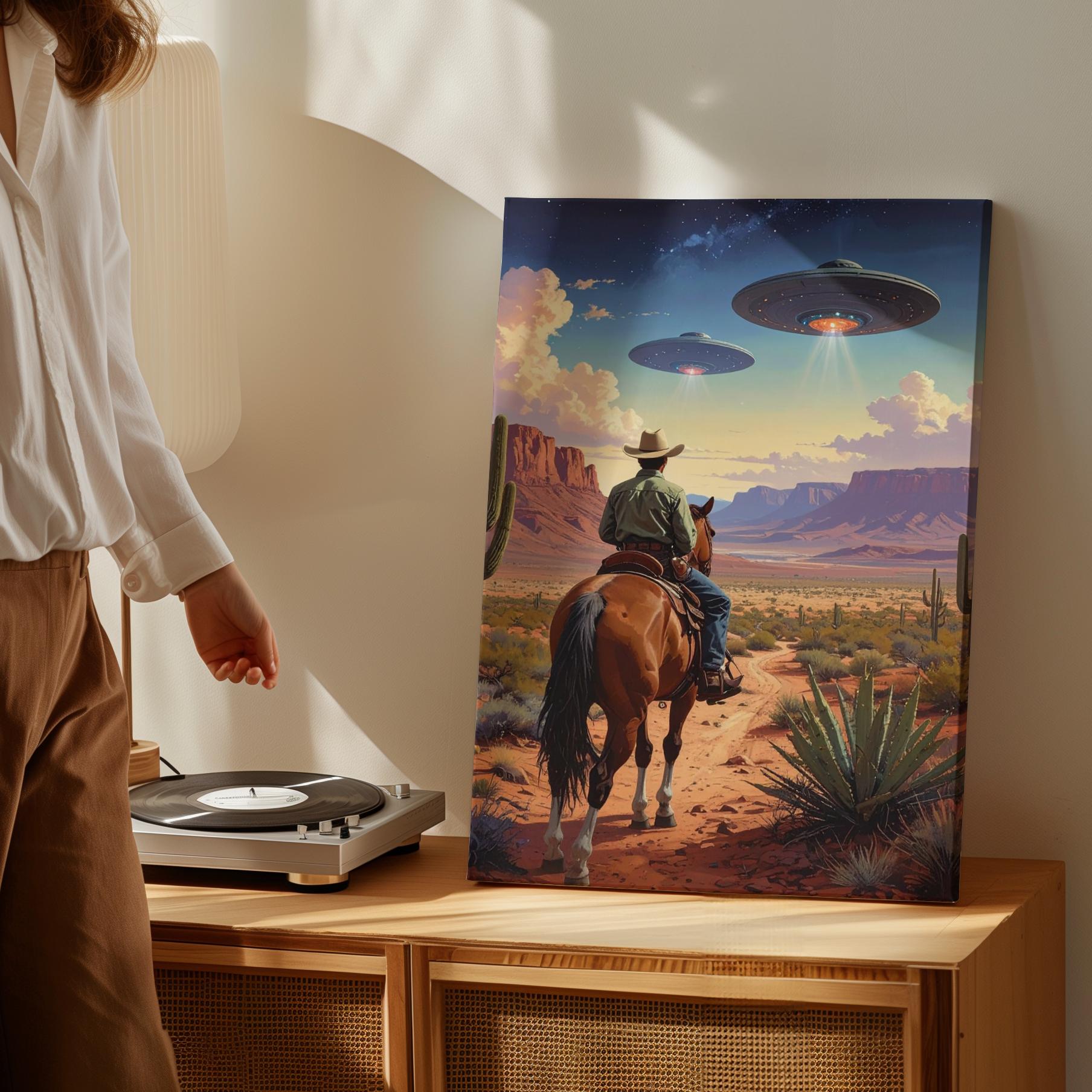 Cowboy And Ufo Encounter Canvaswestern Desert With Futuristic Ufos Wall Art - Bild 4 von 8