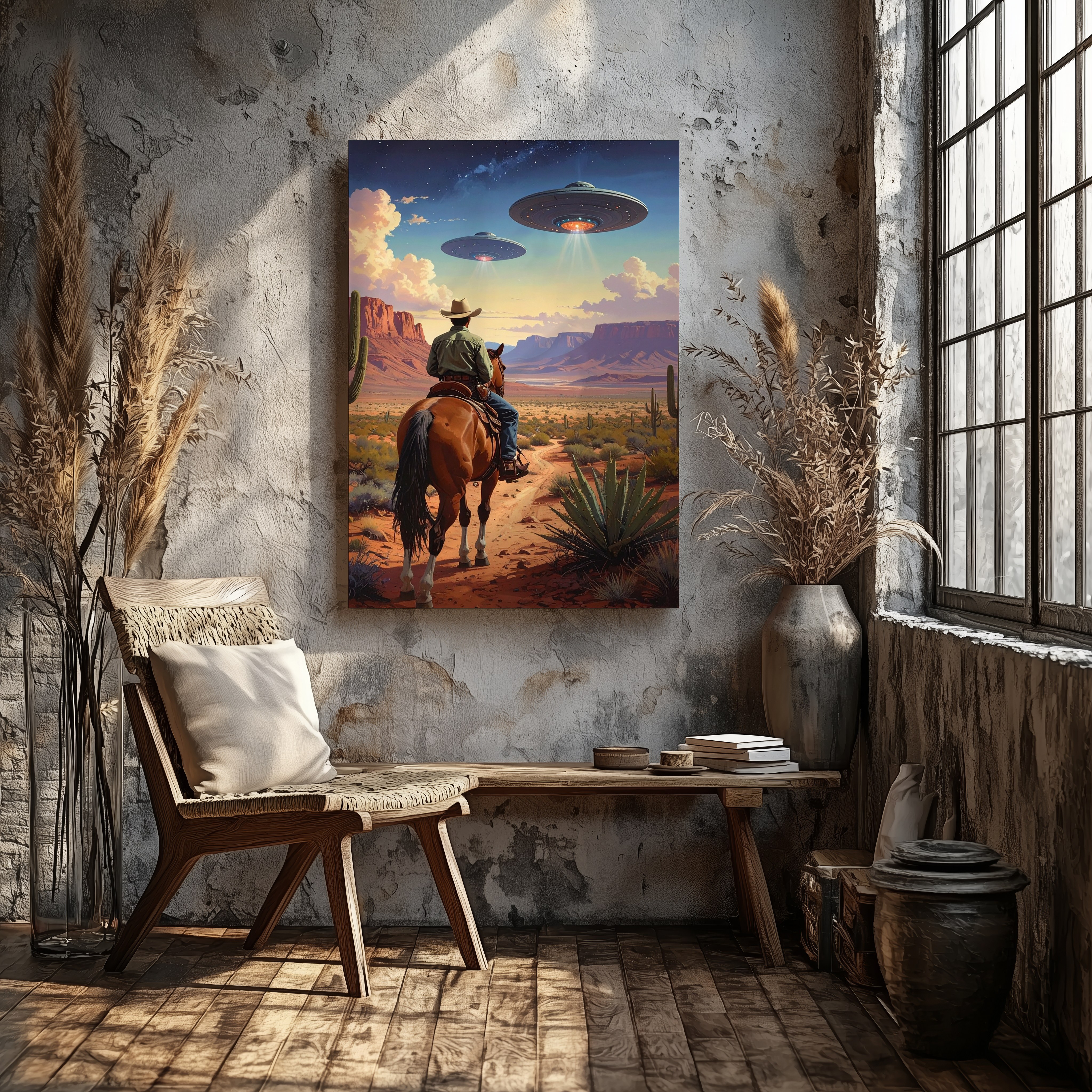 Cowboy And Ufo Encounter Canvaswestern Desert With Futuristic Ufos Wall Art - Bild 5 von 8