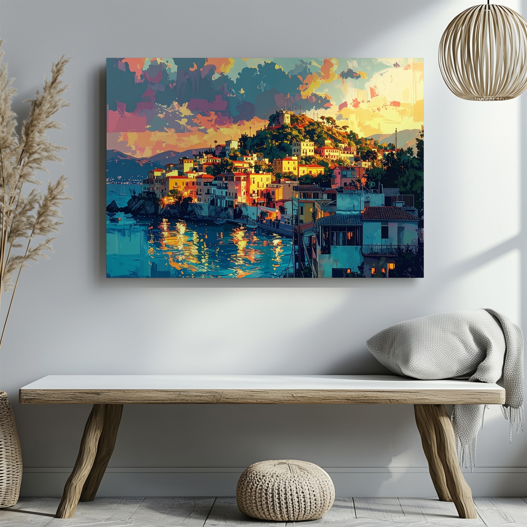 Mediterraner Sonnenuntergang Leinwand verträumte Hügelstadt Wandbild - Bild 2 von 7