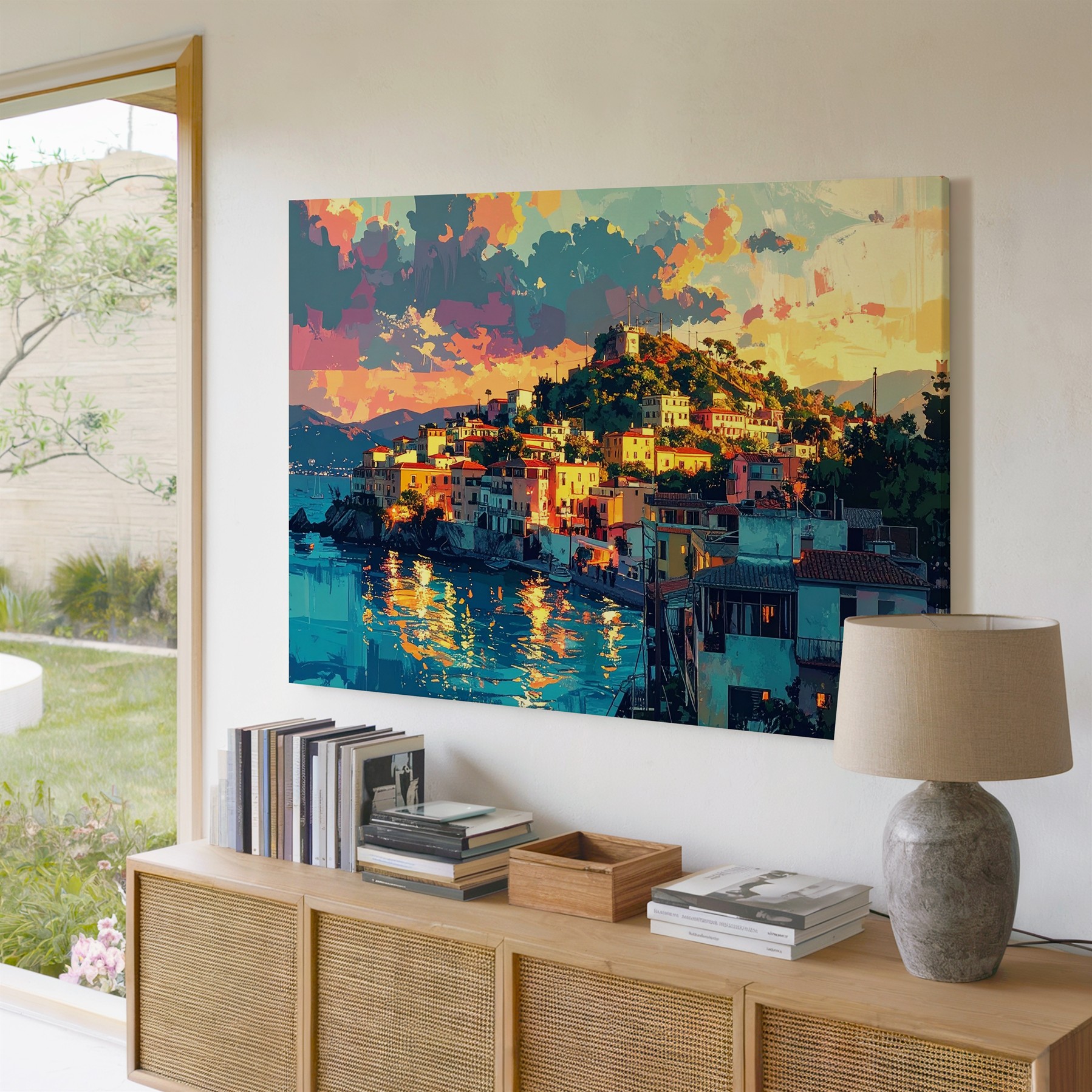 Mediterraner Sonnenuntergang Leinwand verträumte Hügelstadt Wandbild - Bild 3 von 7