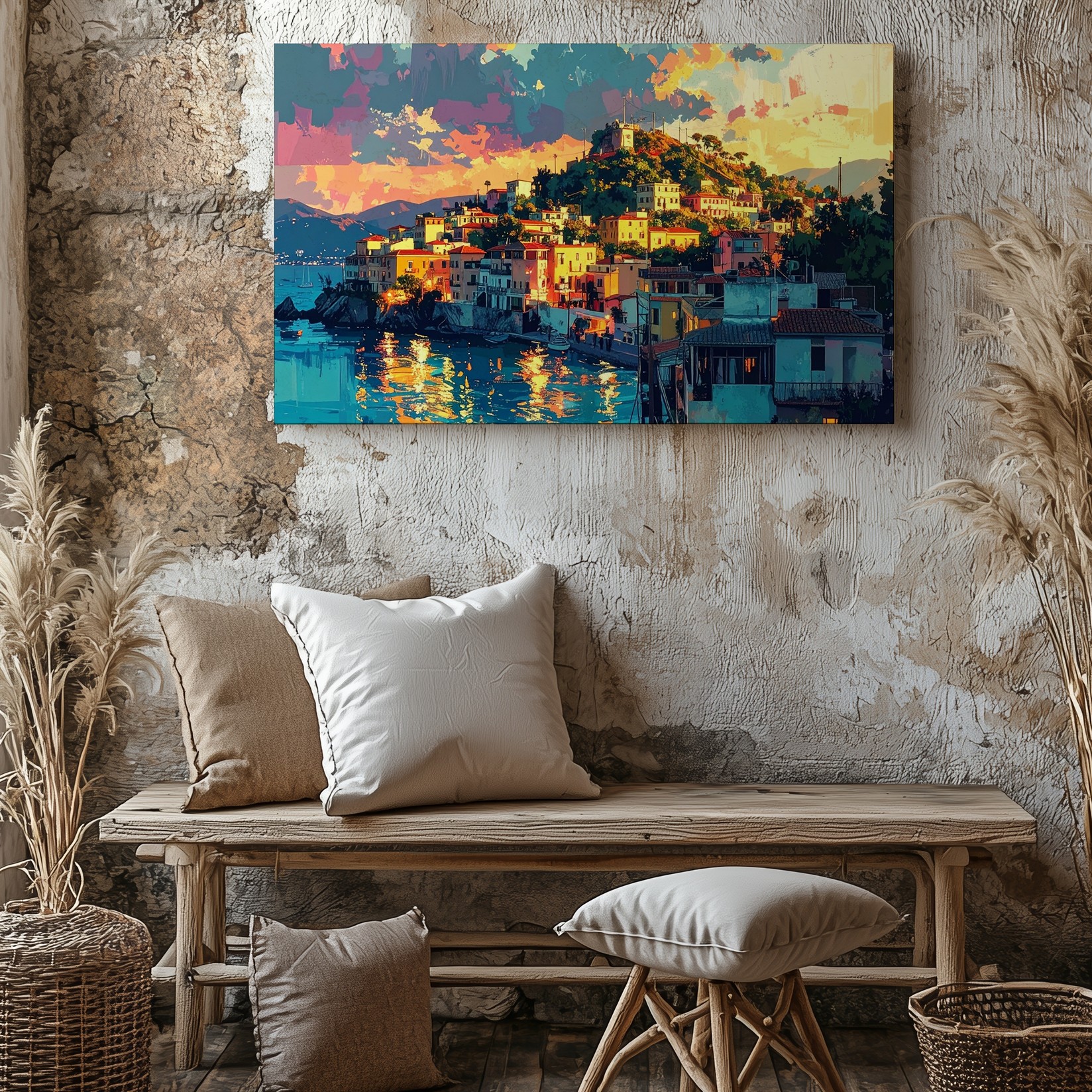 Mediterraner Sonnenuntergang Leinwand verträumte Hügelstadt Wandbild - Bild 4 von 7