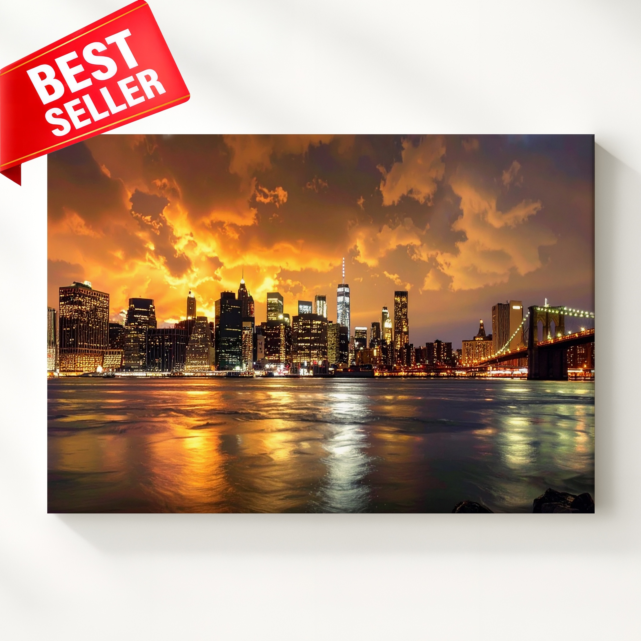 Leinwand Golden Hour Manhattan Wandbild Skyline Reflexion leuchtendes Stadtbild gesehen