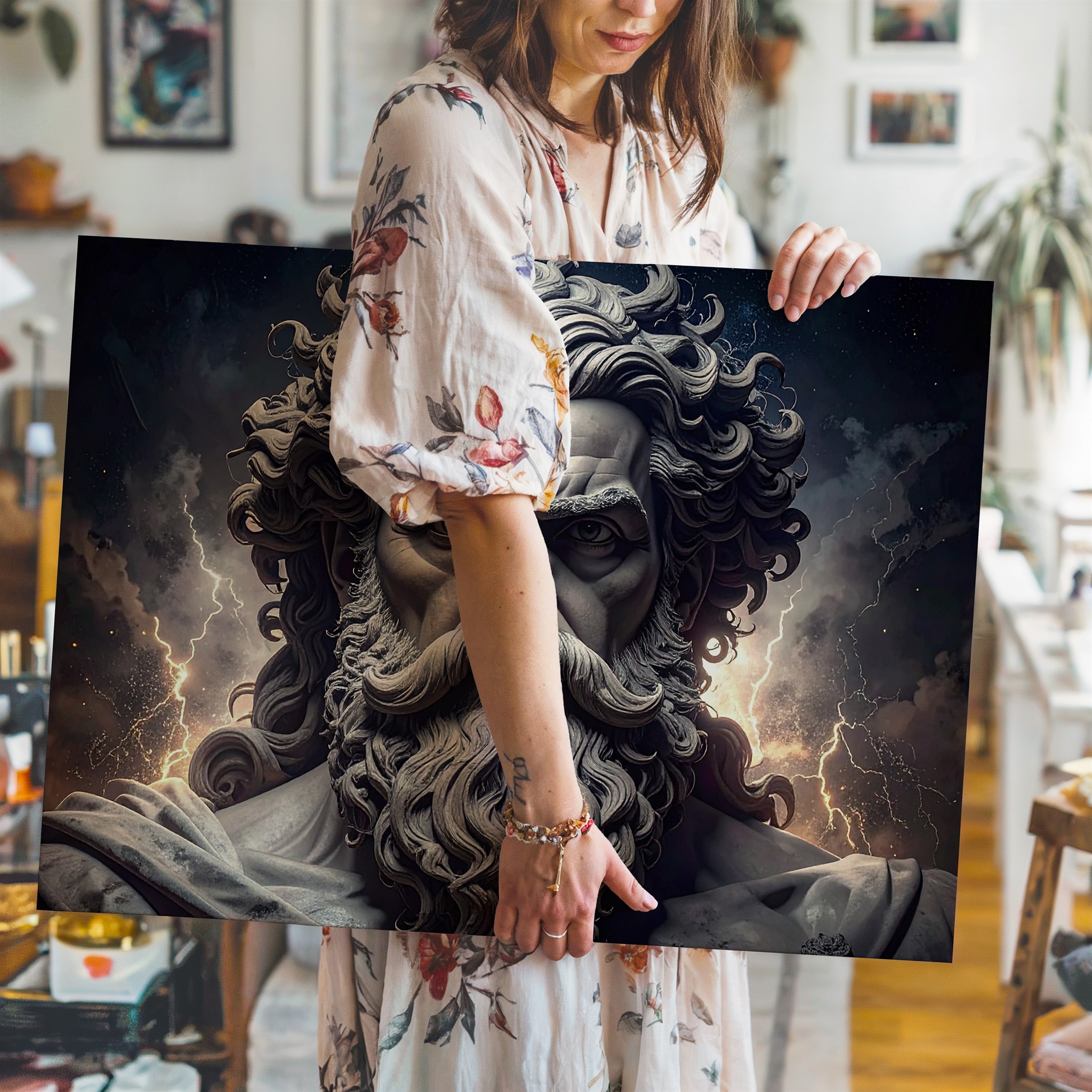 Wrath Of The Divine Canvasgrayscale God Bust With Lightning Energy Wall Art - Imagen 5 de 8