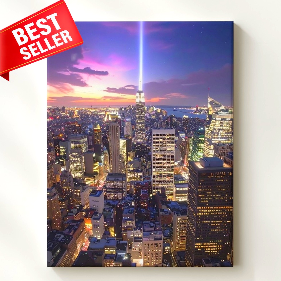 Wandbild Mystische Nacht Skyline Strahlender Strahl Vertikal Stadtbild Gesehen Leinwand