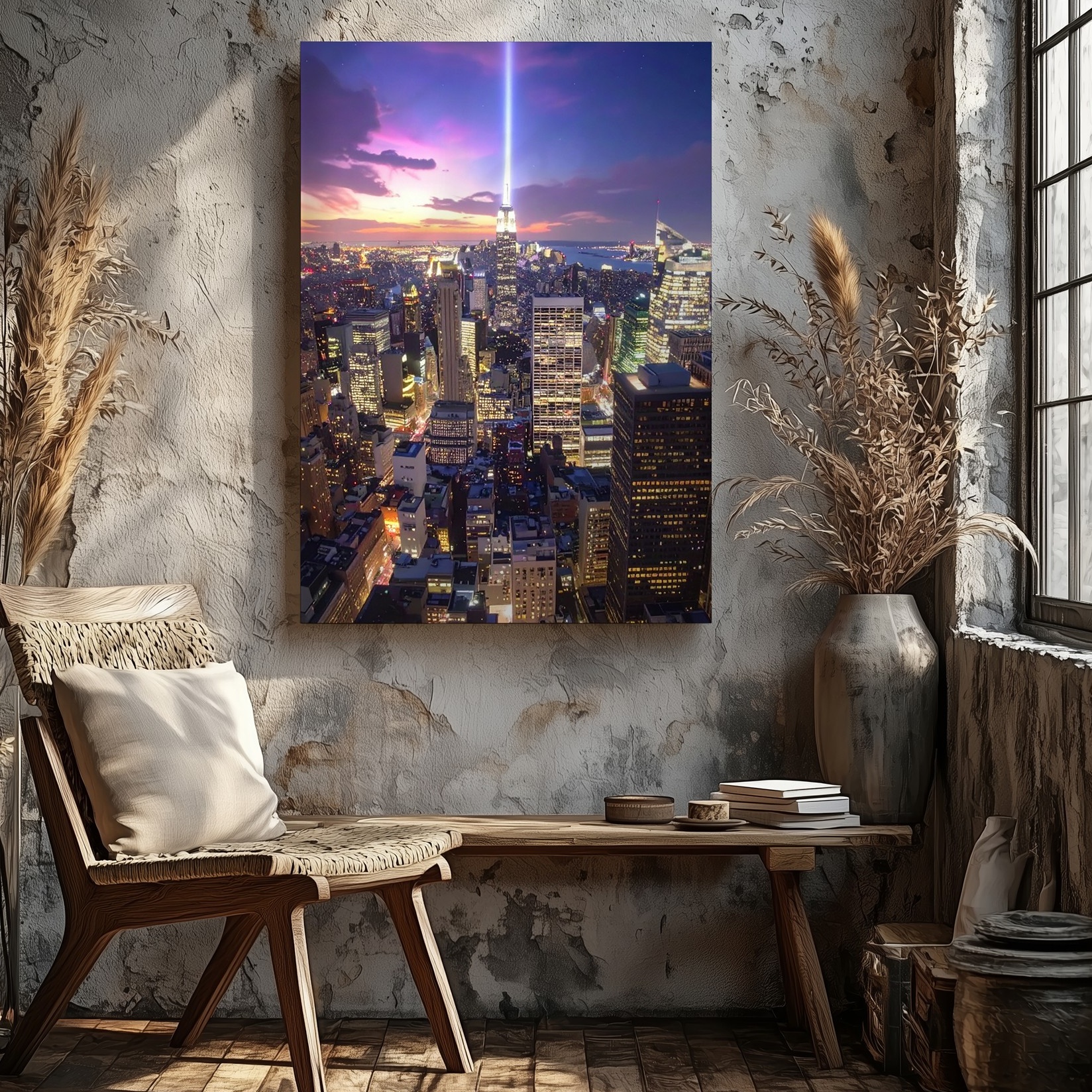 Wandbild Mystische Nacht Skyline Strahlender Strahl Vertikal Stadtbild Gesehen Leinwand - Bild 5 von 8
