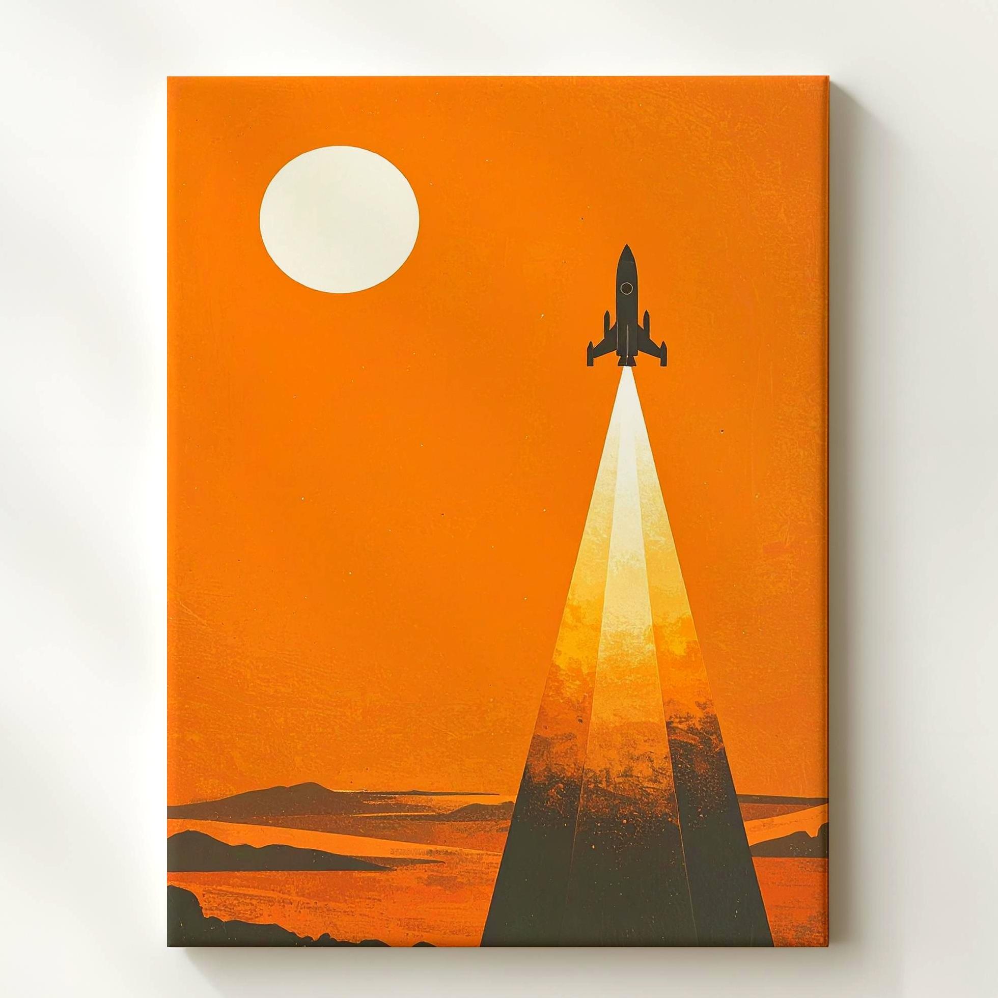 Rocketship Launch Canvasbold Silhouette Blasting Into Orange Space