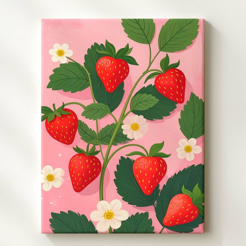 Verspielte Erdbeerpflanze Leinwand minimaler Vektor botanische Illustration Wandbild