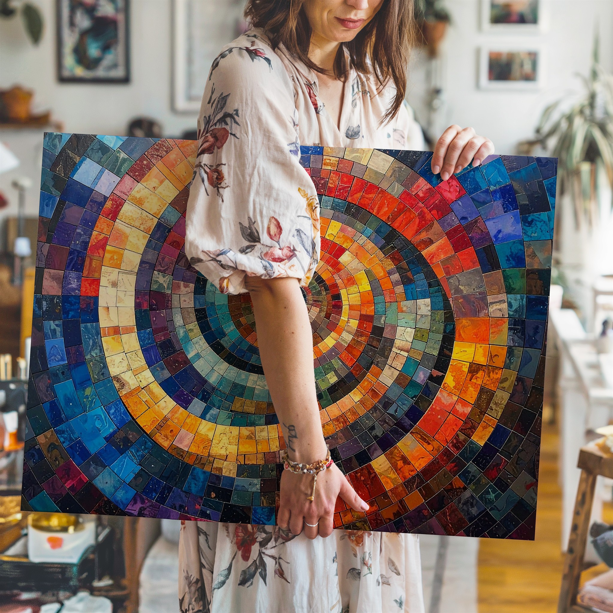 Lebendige Spirale Mosaik Leinwand Bunt Geometrisch Abstrakt Wandkunst What If Joy - Bild 5 von 8