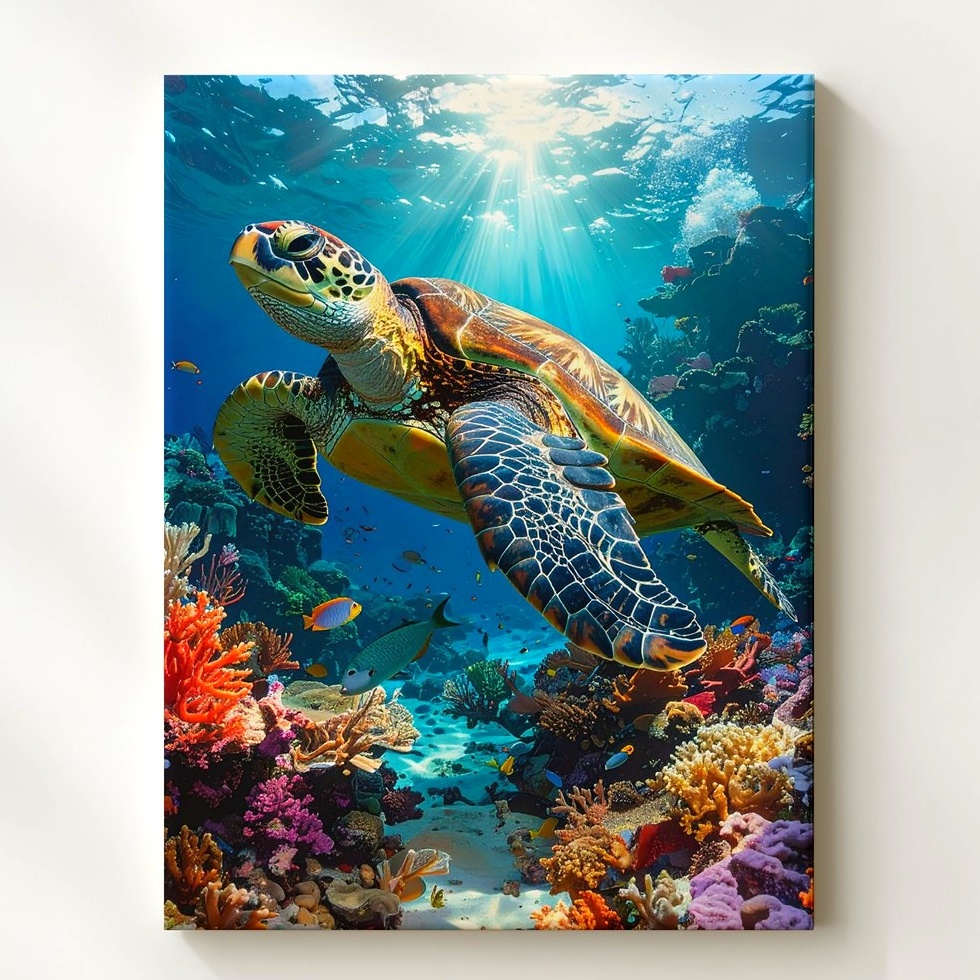 Sea Turtle & Coral Reef Canvasphotorealistic Ocean Scene Wall Art - Bild 1 von 8