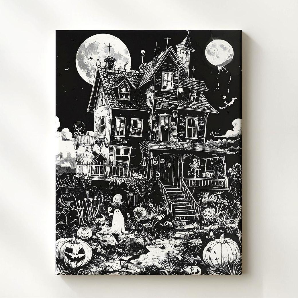 Haunted House Line Art Canvas Whimsical Gothic Halloween Illustration Wall Art - Bild 1 von 8