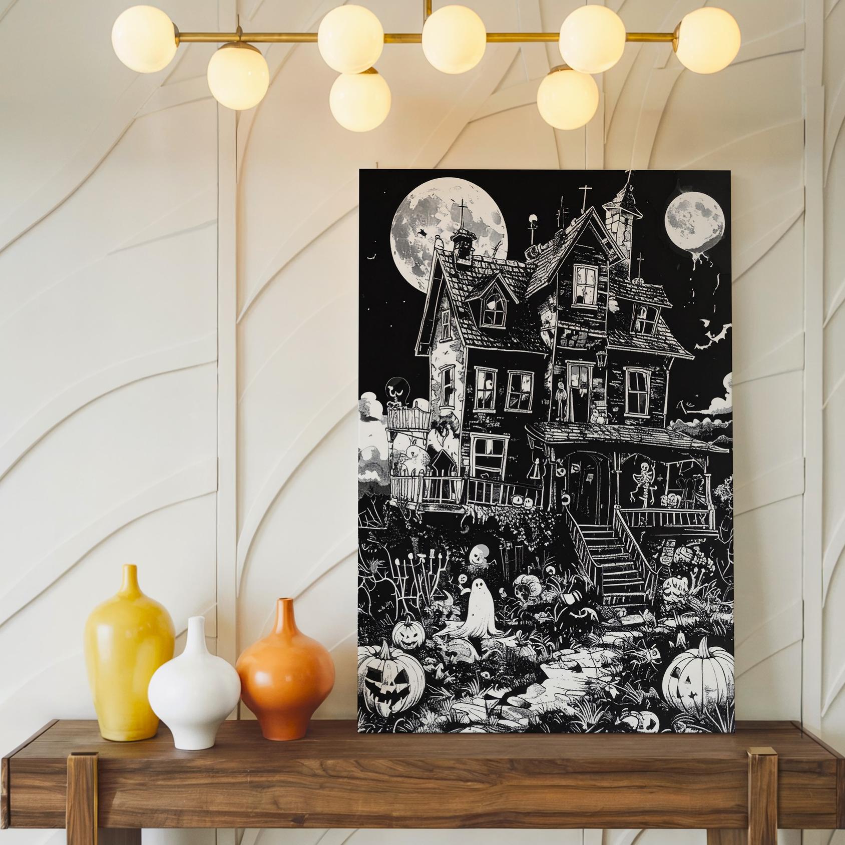 Haunted House Line Art Canvas Whimsical Gothic Halloween Illustration Wall Art - Bild 2 von 8