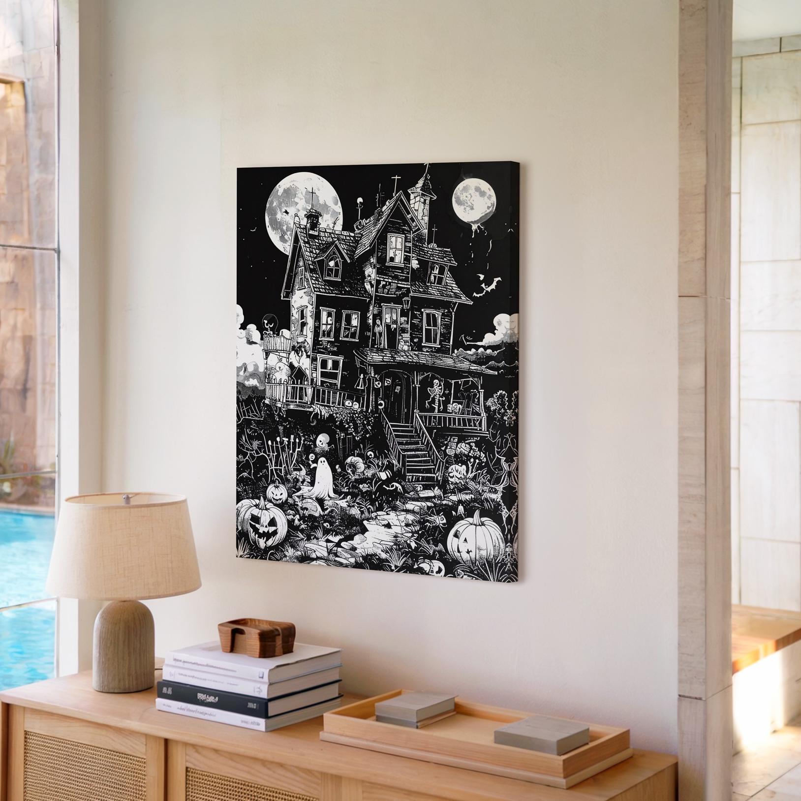 Haunted House Line Art Canvas Whimsical Gothic Halloween Illustration Wall Art - Bild 3 von 8