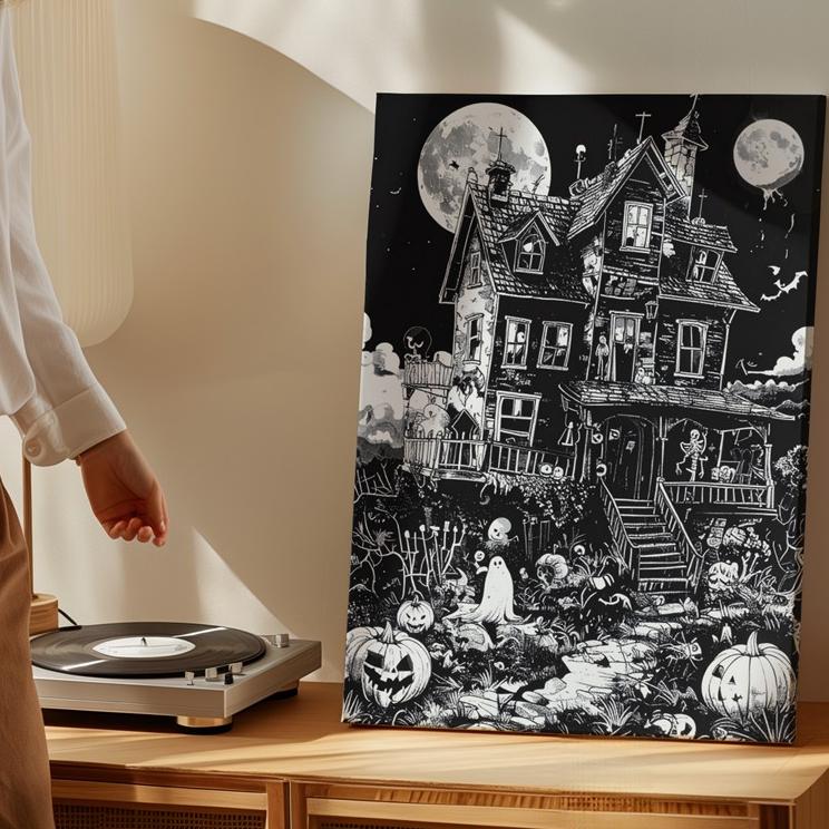 Haunted House Line Art Canvas Whimsical Gothic Halloween Illustration Wall Art - Bild 4 von 8