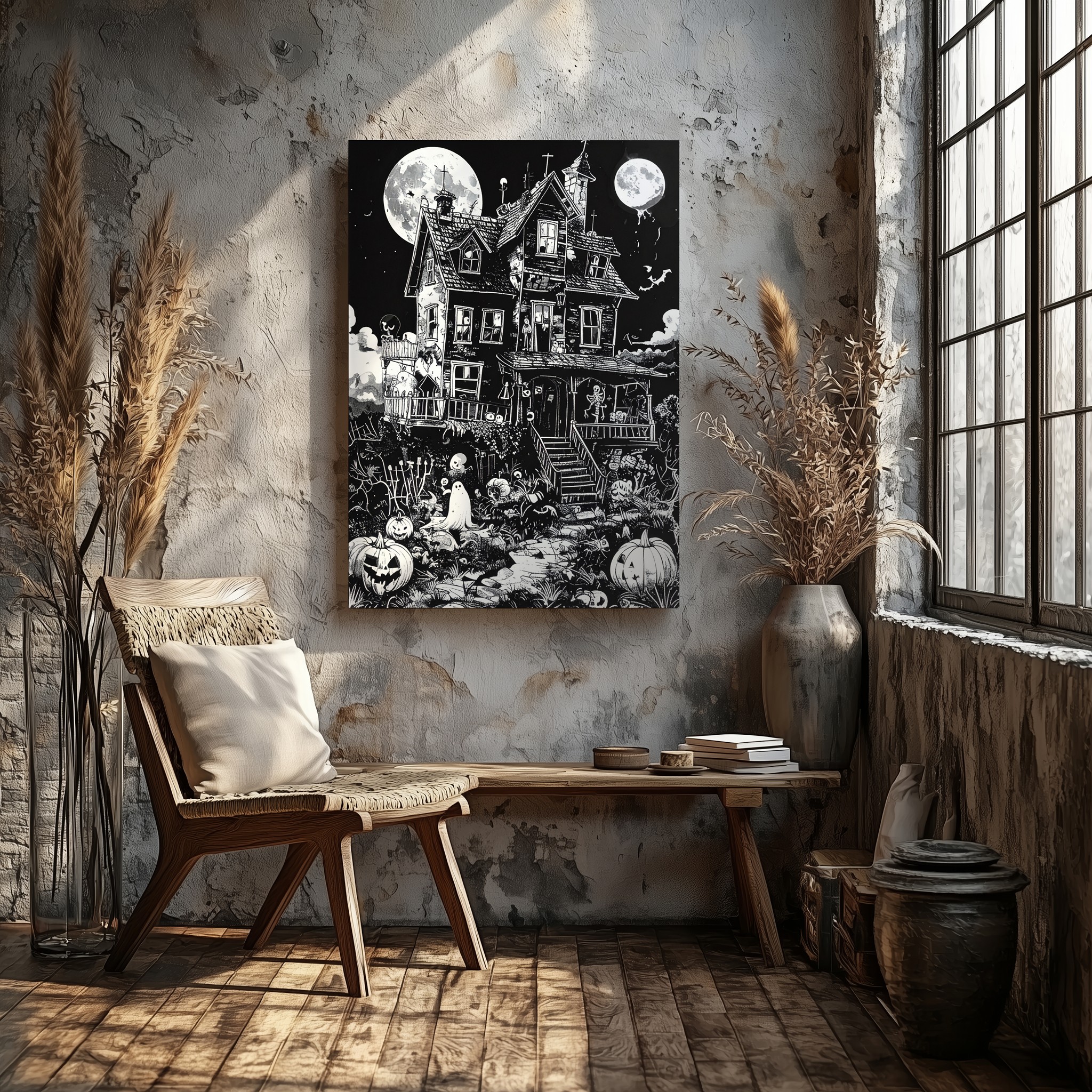 Haunted House Line Art Canvas Whimsical Gothic Halloween Illustration Wall Art - Bild 5 von 8