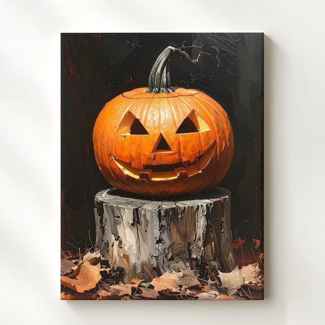 Dramatic Jack-O'-Lantern Close-Up Canvas Carved Pumpkin On Tree Stump Wall Art - Bild 1 von 8