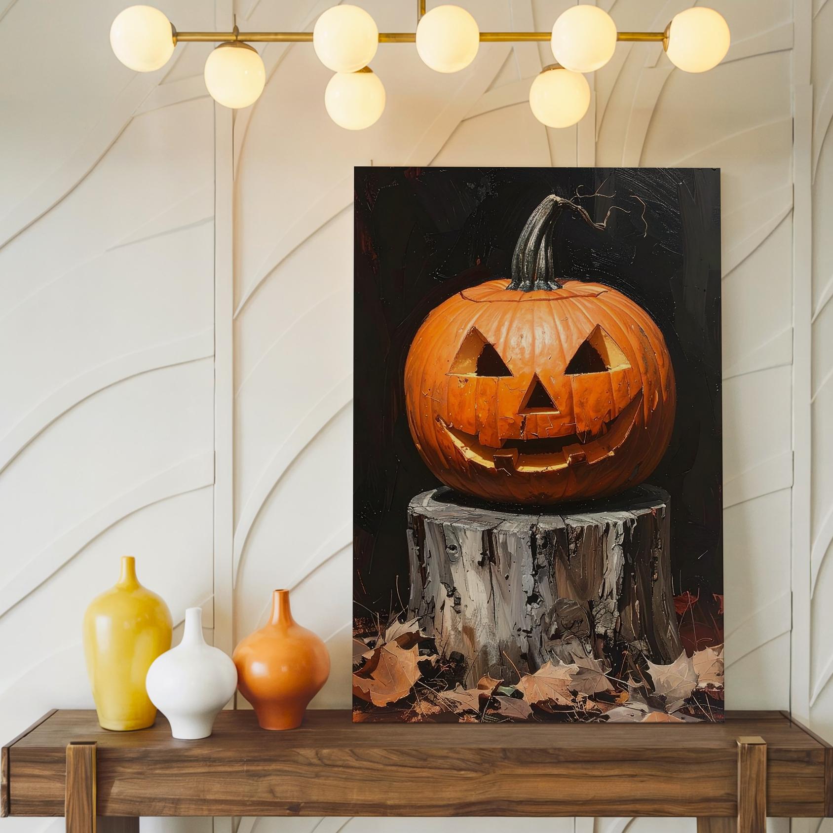 Dramatic Jack-O'-Lantern Close-Up Canvas Carved Pumpkin On Tree Stump Wall Art - Bild 2 von 8