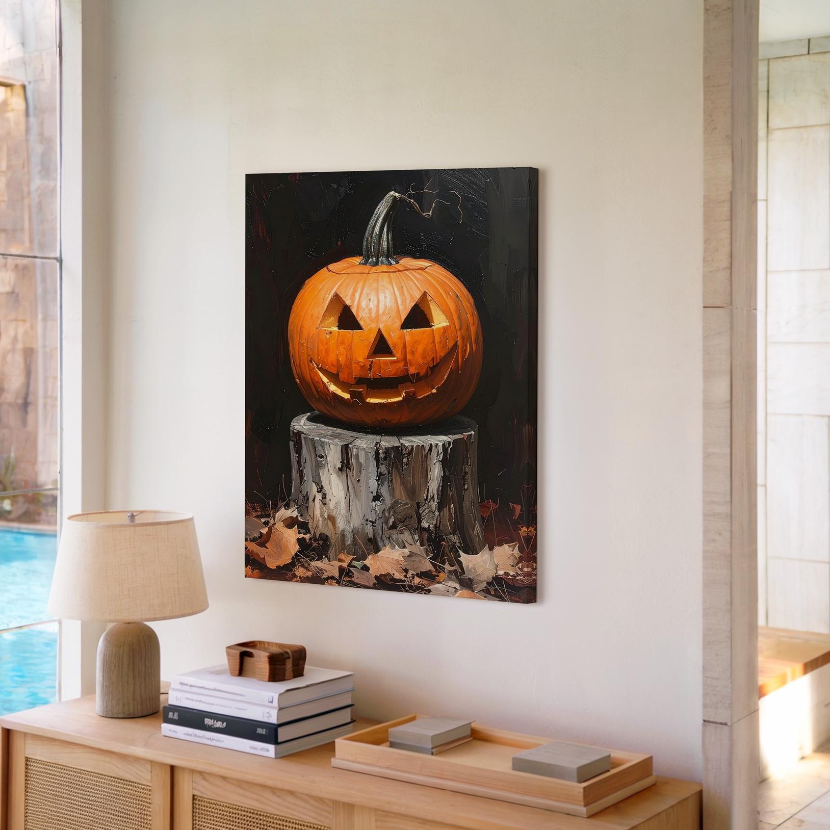 Dramatic Jack-O'-Lantern Close-Up Canvas Carved Pumpkin On Tree Stump Wall Art - Bild 3 von 8