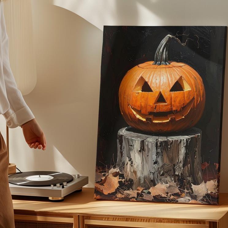 Dramatic Jack-O'-Lantern Close-Up Canvas Carved Pumpkin On Tree Stump Wall Art - Bild 4 von 8