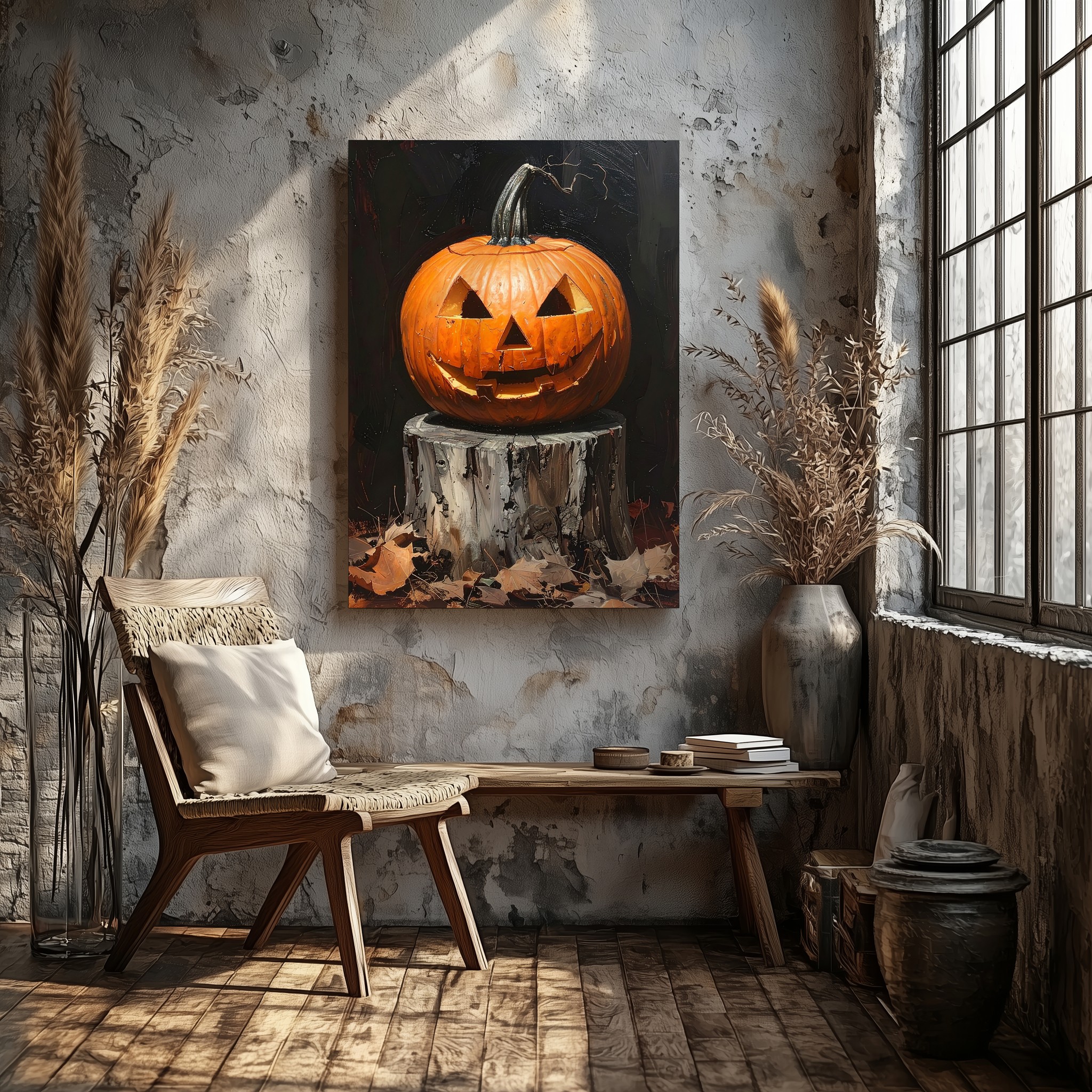Dramatic Jack-O'-Lantern Close-Up Canvas Carved Pumpkin On Tree Stump Wall Art - Bild 5 von 8