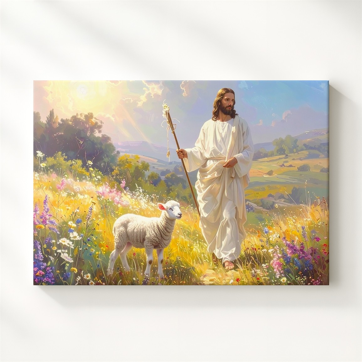 Hirtenlicht Leinwand Jesus im leuchtenden Hirtenfeld mit Lamm Wandbild