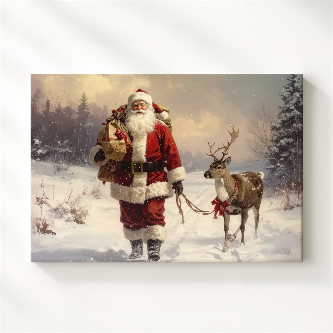 Santa And Reindeer Canvas Heartwarming Christmas Walk With Gifts Wall Art