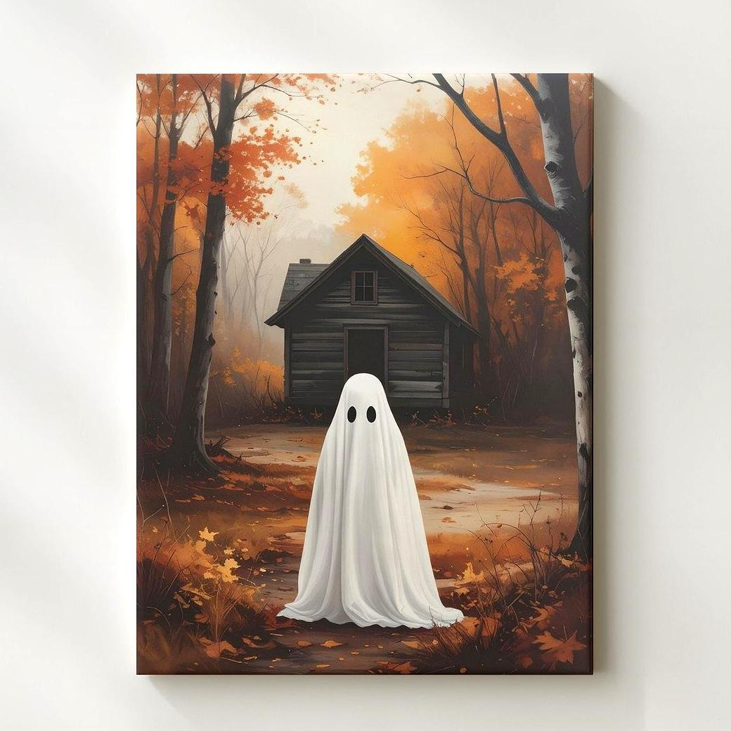 Ghost & Cabin In The Woods Canvas Quiet Introspective Halloween Art Wall Art - Bild 1 von 8
