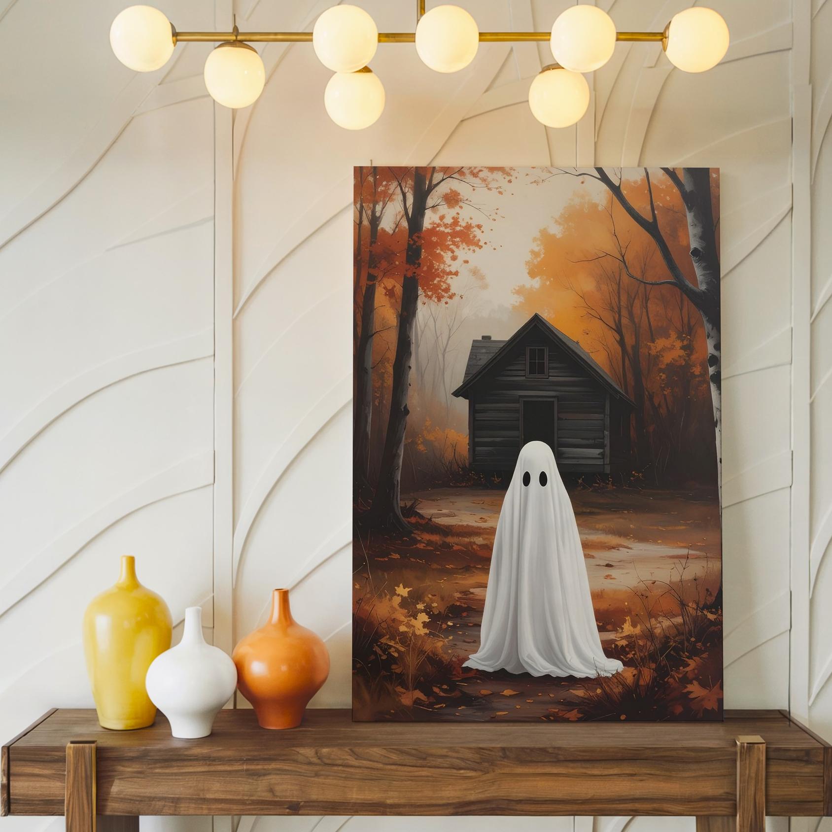 Ghost & Cabin In The Woods Canvas Quiet Introspective Halloween Art Wall Art - Bild 2 von 8