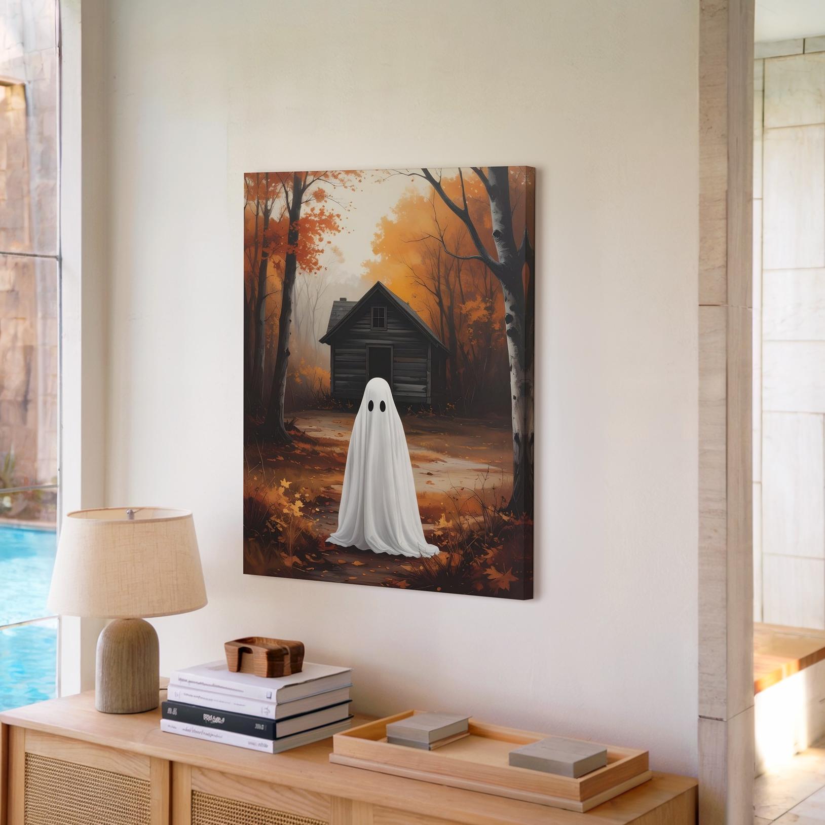 Ghost & Cabin In The Woods Canvas Quiet Introspective Halloween Art Wall Art - Bild 3 von 8